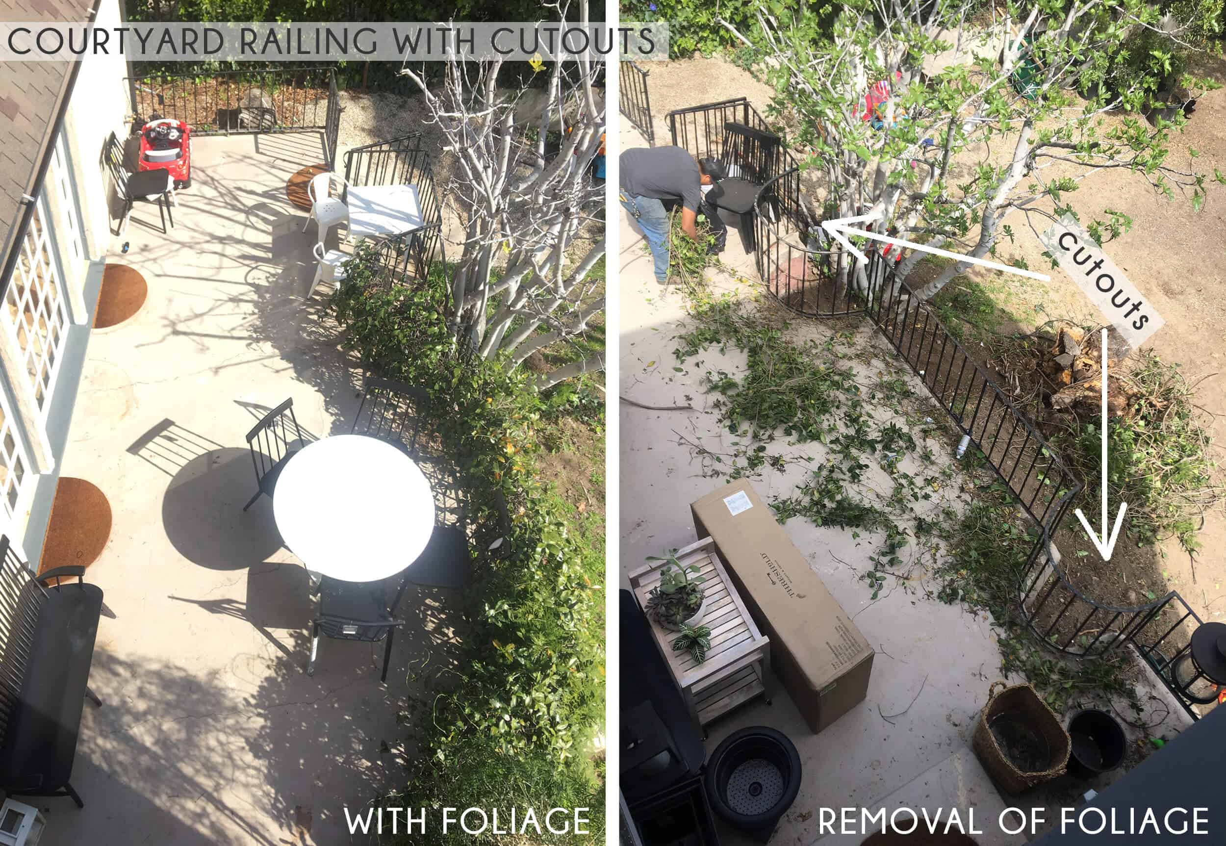 Emily-Henderson_New-House_Modern-English-Cottage_Courtyard_Intro-Post_Before_With-Cutouts_Side-By-Side