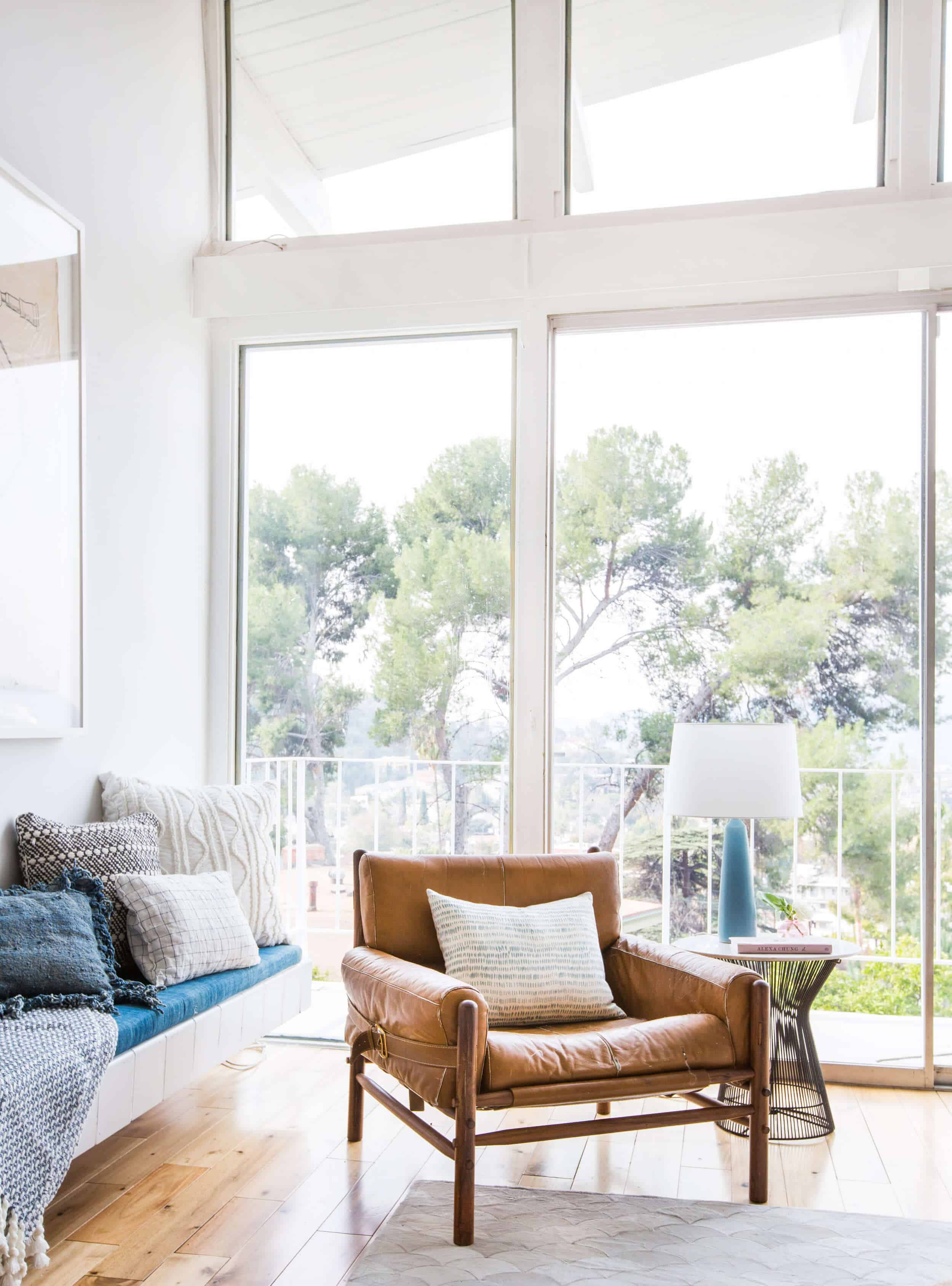 Emily Henderson Living Room Staged To Sell Boho Mid Century Eclectic Blue White Styled Couch Sectional Staged1