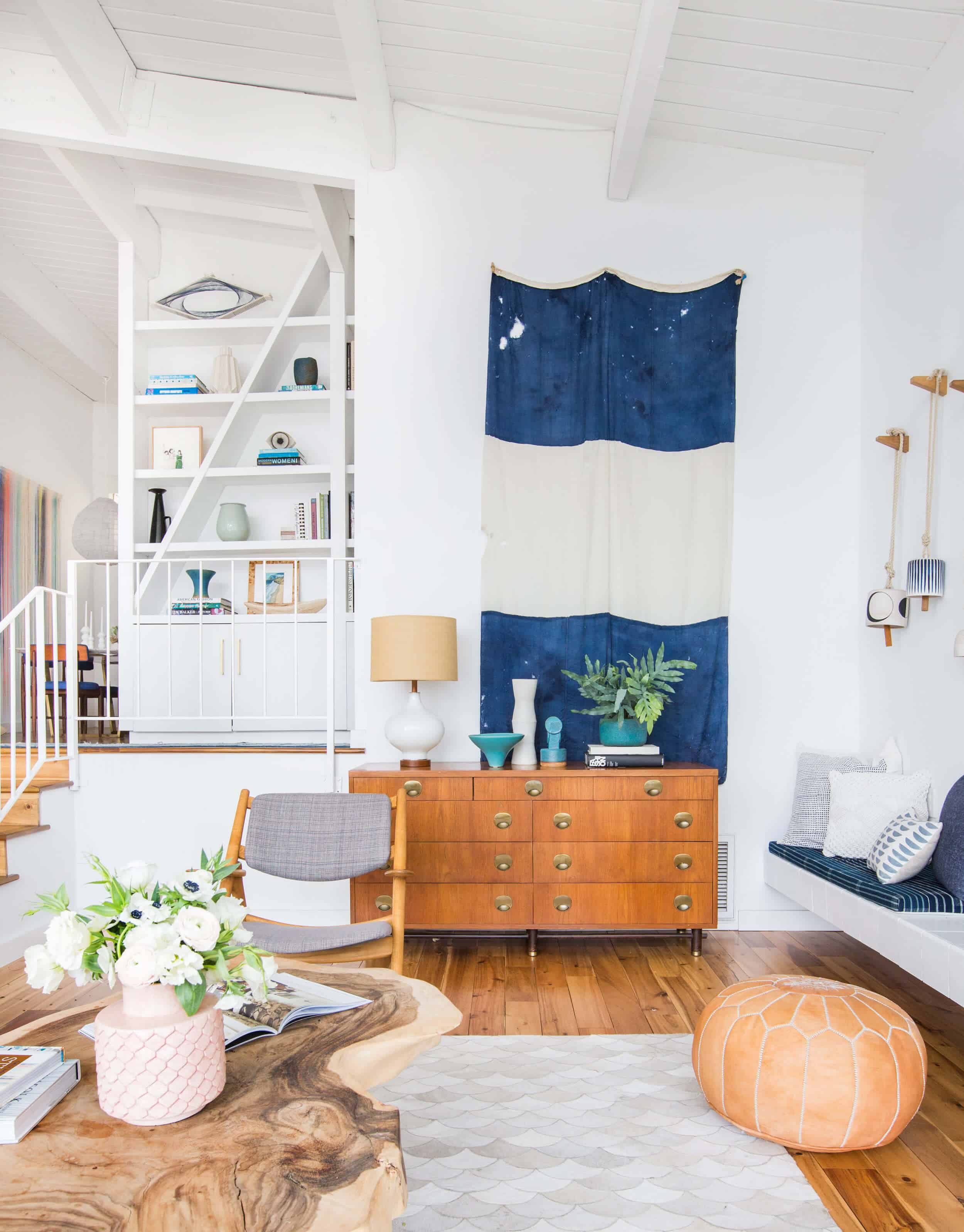 Emily Henderson Living Room Staged To Sell Boho Mid Century Eclectic Blue White Styled Couch Sectional Staged11