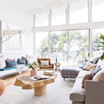 Emily Henderson Living Room Staged To Sell Boho Mid Century Eclectic Blue White Styled Couch Sectional Staged12