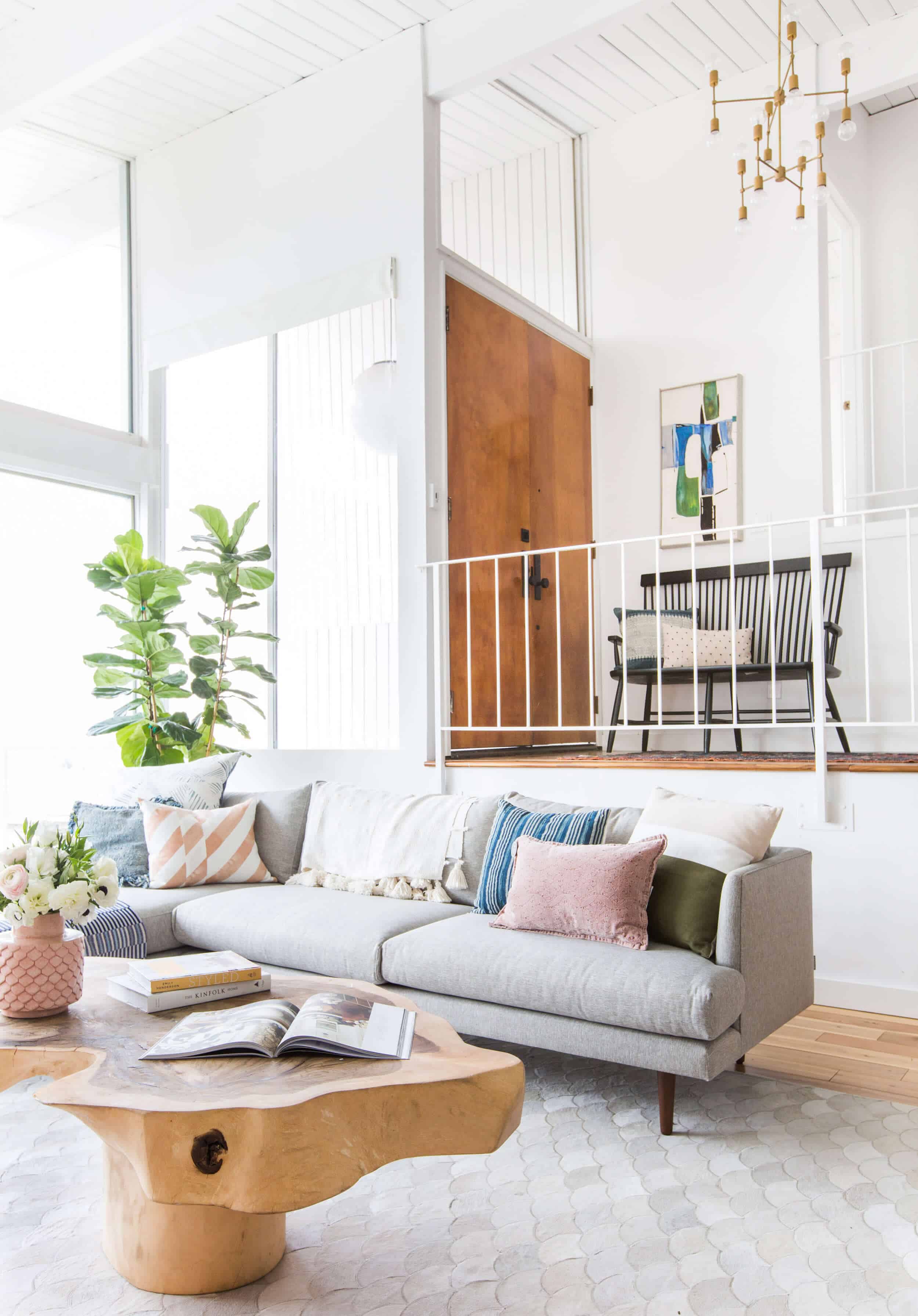 Emily Henderson Living Room Staged To Sell Boho Mid Century Eclectic Blue White Styled Couch Sectional Staged2