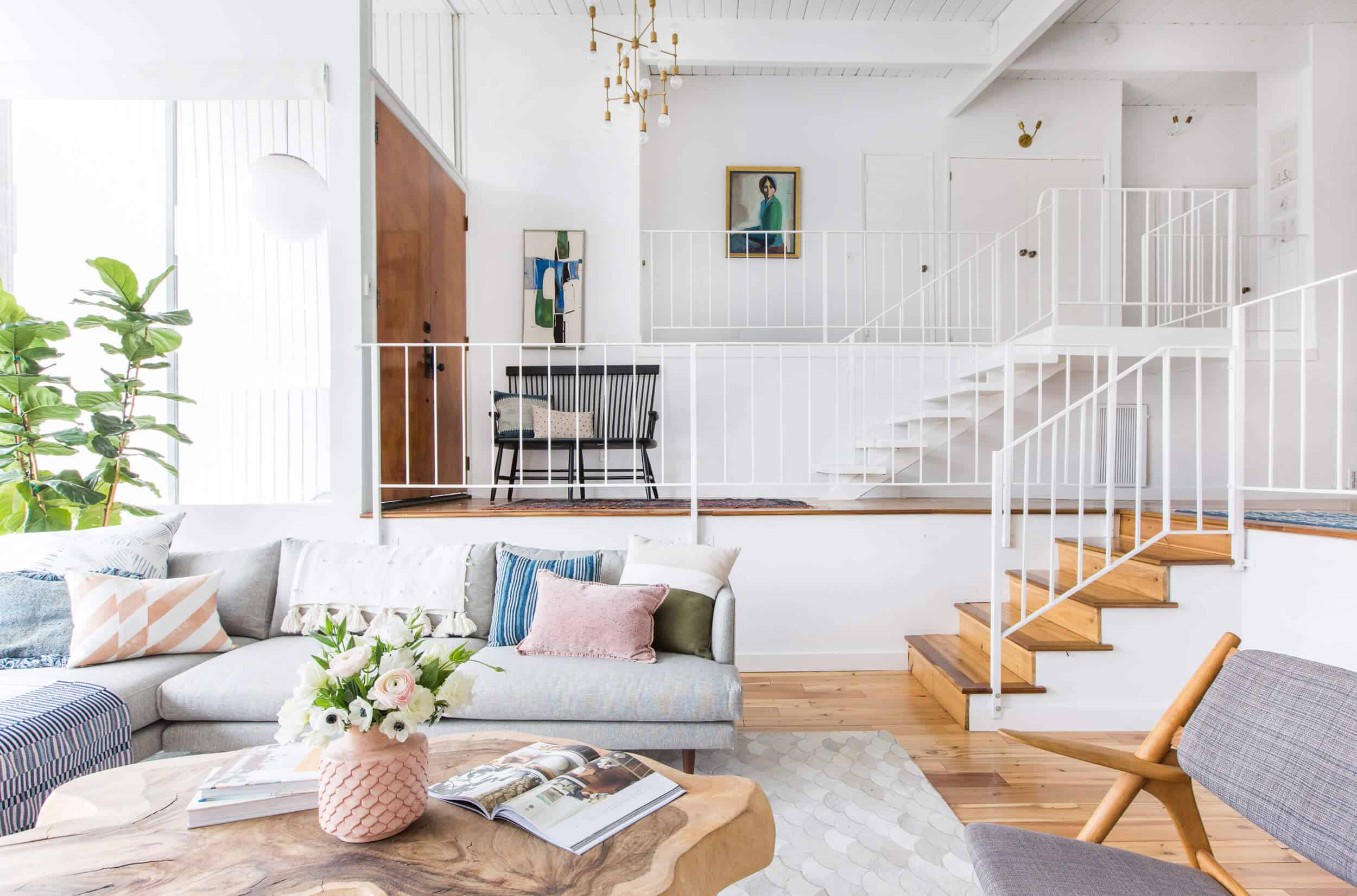 Emily Henderson Living Room Staged To Sell Boho Mid Century Eclectic Blue White Styled Couch Sectional Staged5