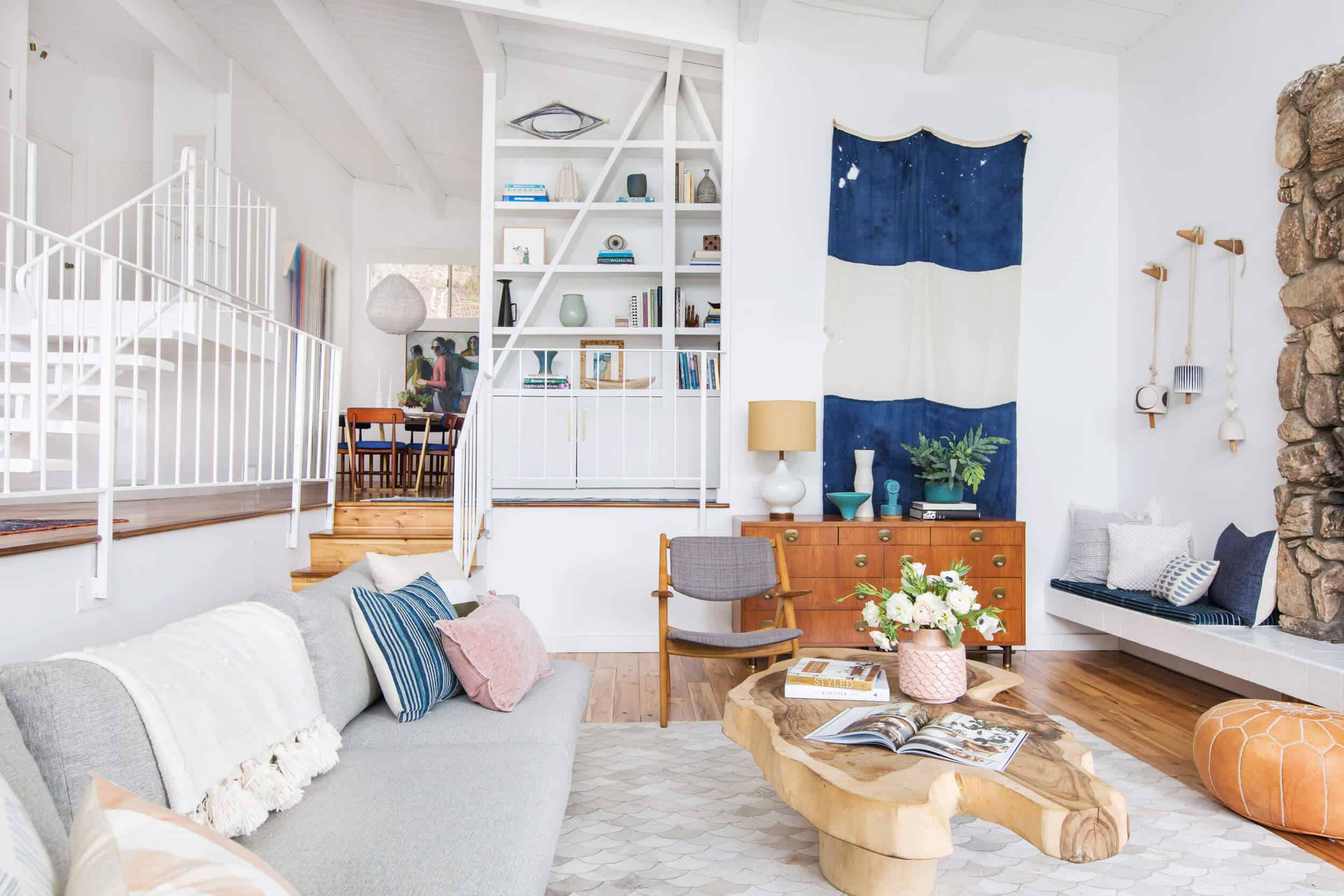 Emily Henderson Living Room Staged To Sell Boho Mid Century Eclectic Blue White Styled Couch Sectional Staged6