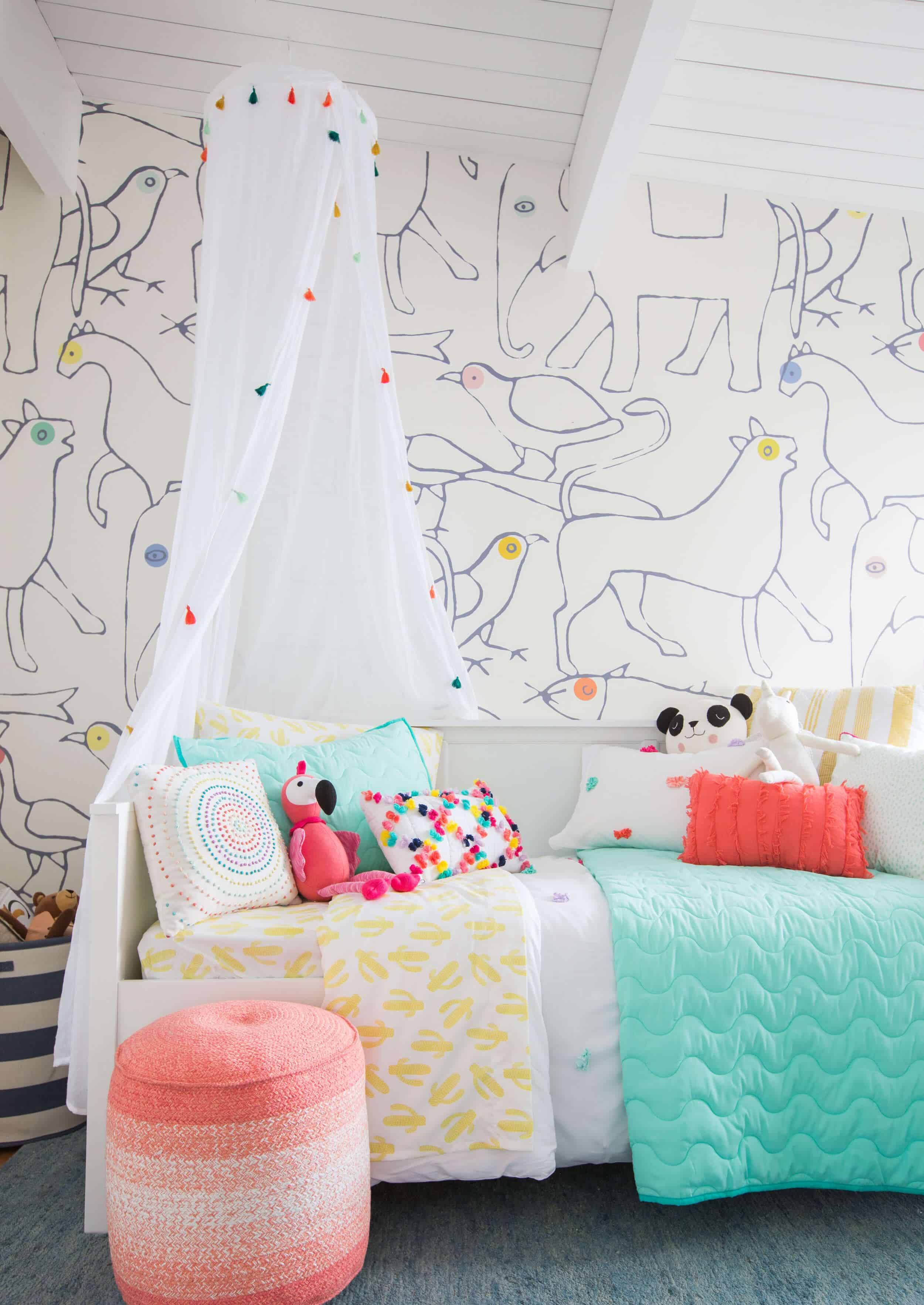 Emily Henderson Kids Room Target Bedding Layered Light Texture Blue White Brass Nursery Girls Room Bright 1
