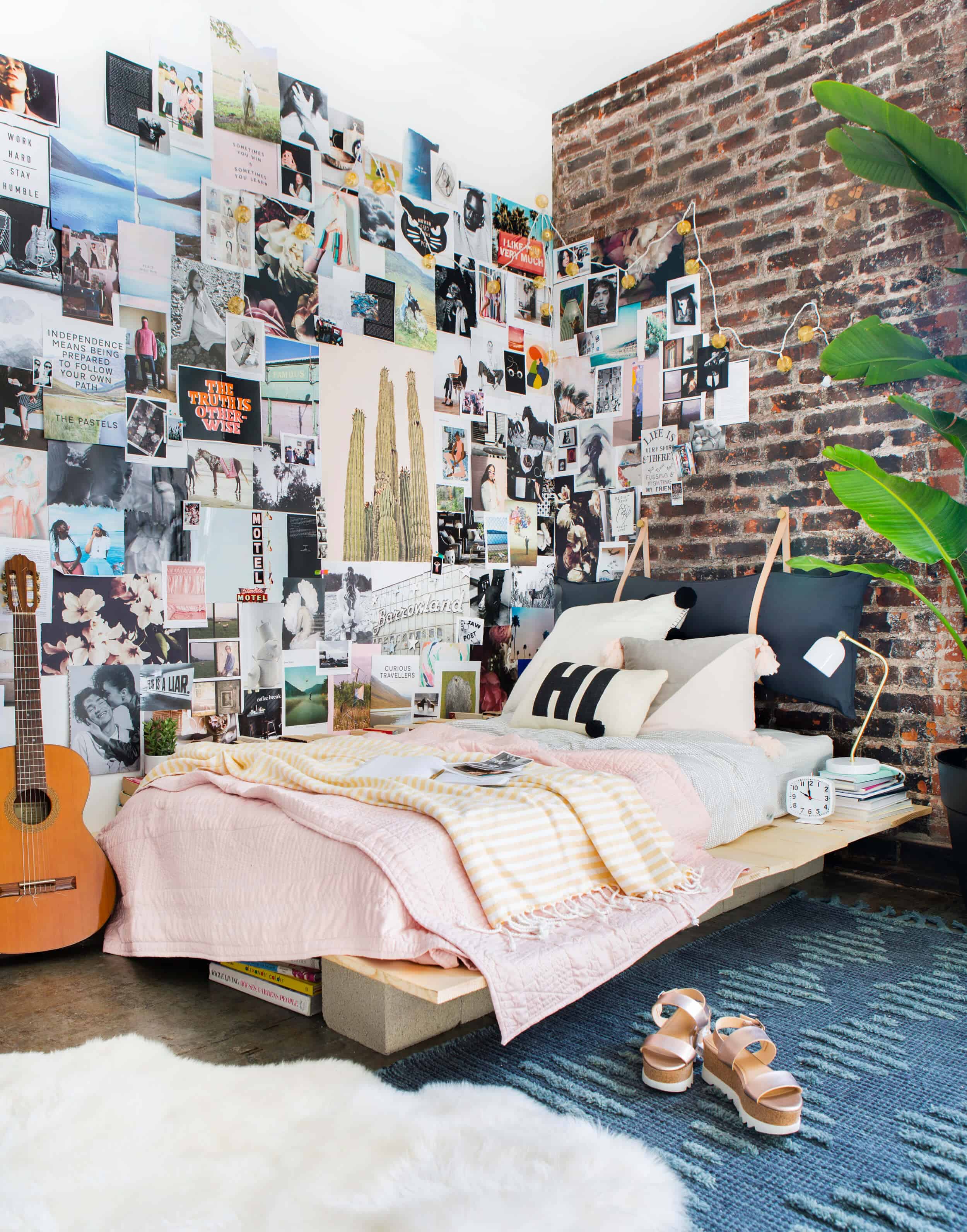 Emily Henderson Target Dorm Room Back To School Boho Eclectic Collage Wall Rocker Chic Musician Artistic Cinderblock Bed Leather Strap Headboard Diy 13