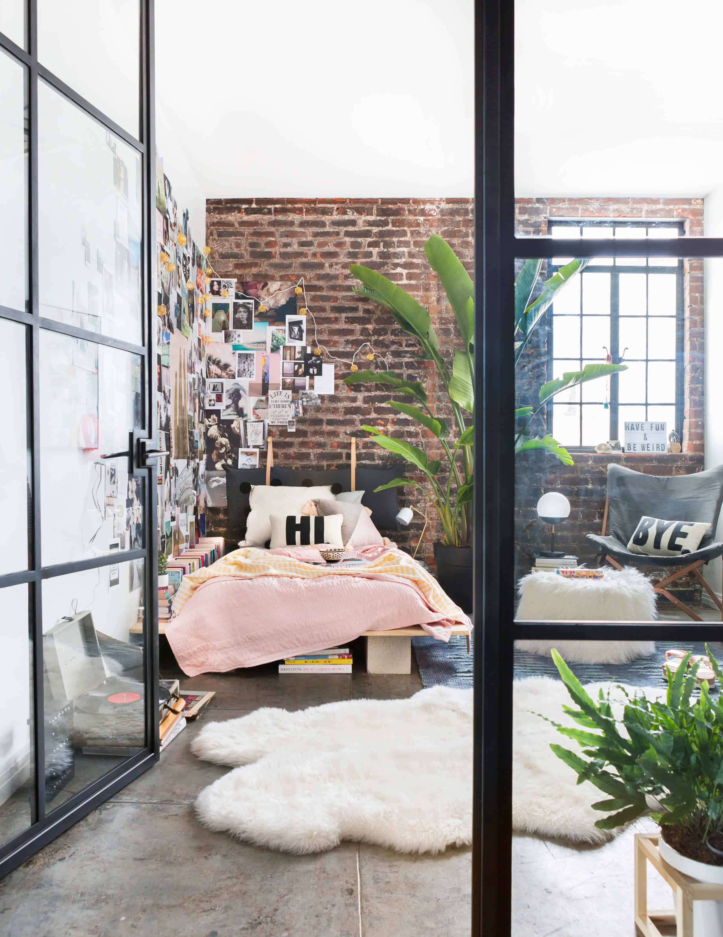 Emily Henderson Target Dorm Room Back To School Boho Eclectic Collage Wall Rocker Chic Musician Artistic Cinderblock Bed Leather Strap Headboard Diy 14