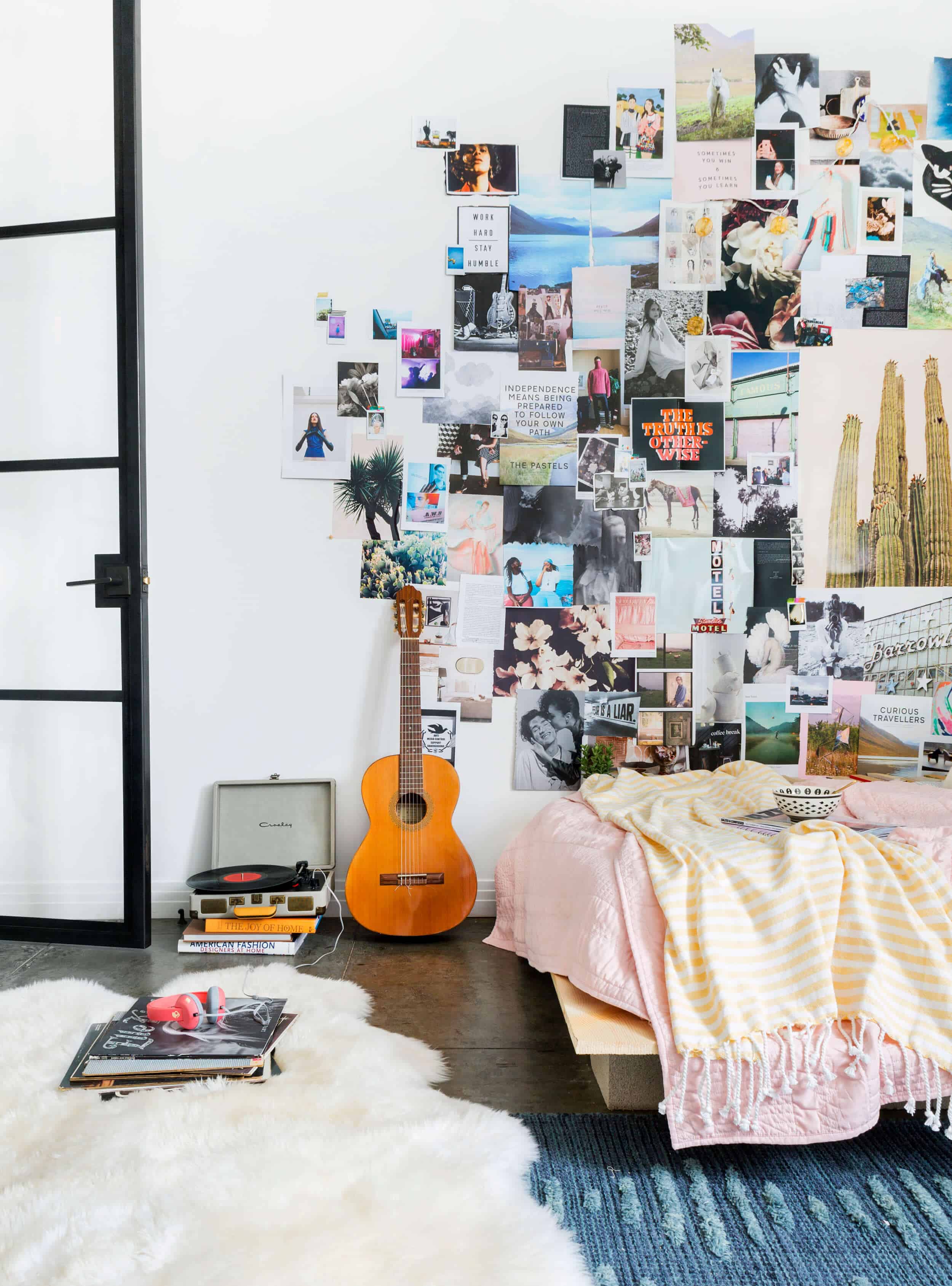 Emily Henderson Target Dorm Room Back To School Boho Eclectic Collage Wall Rocker Chic Musician Artistic Cinderblock Bed Leather Strap Headboard Diy 22