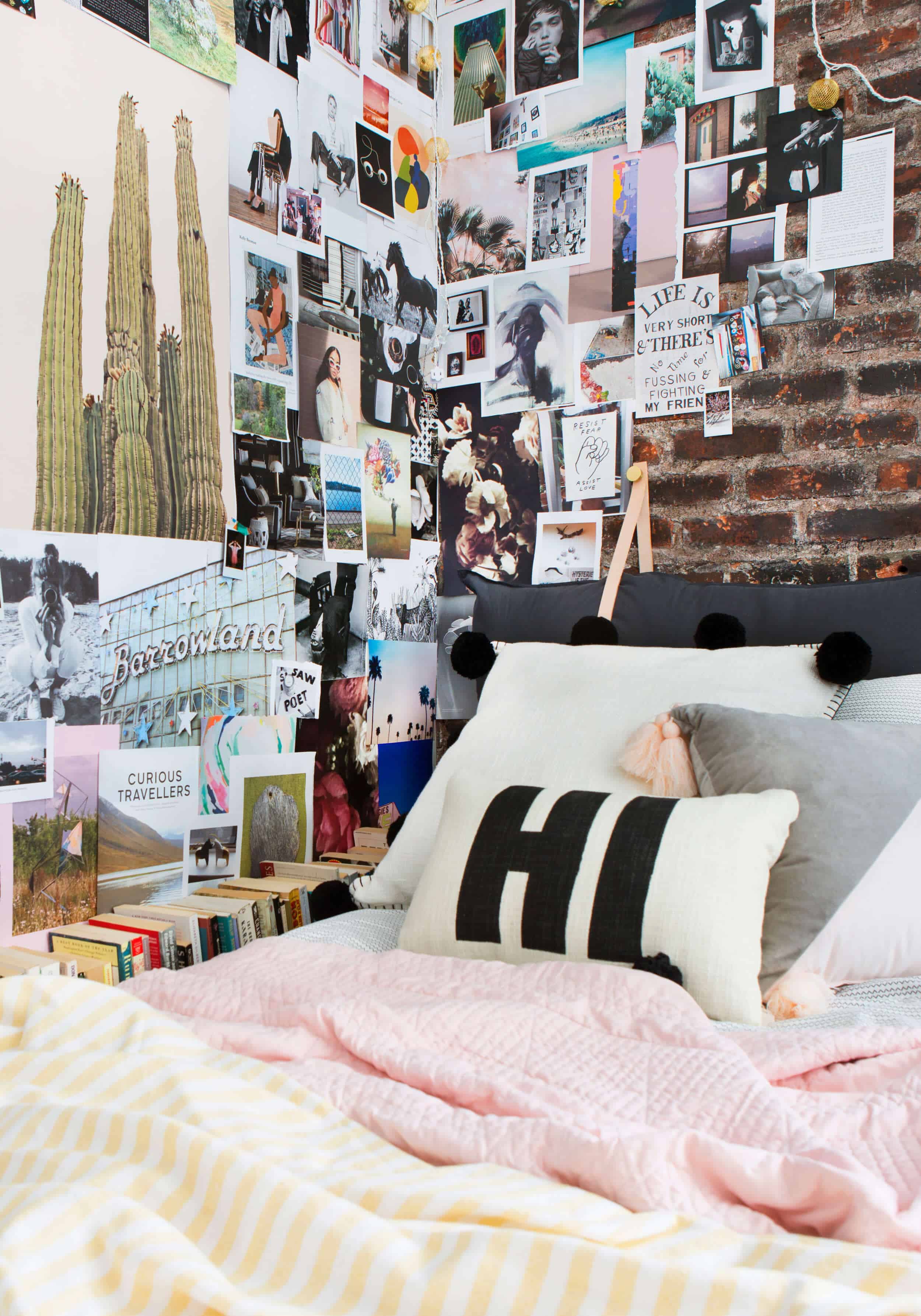 Emily Henderson Target Dorm Room Back To School Boho Eclectic Collage Wall Rocker Chic Musician Artistic Cinderblock Bed Leather Strap Headboard Diy 28