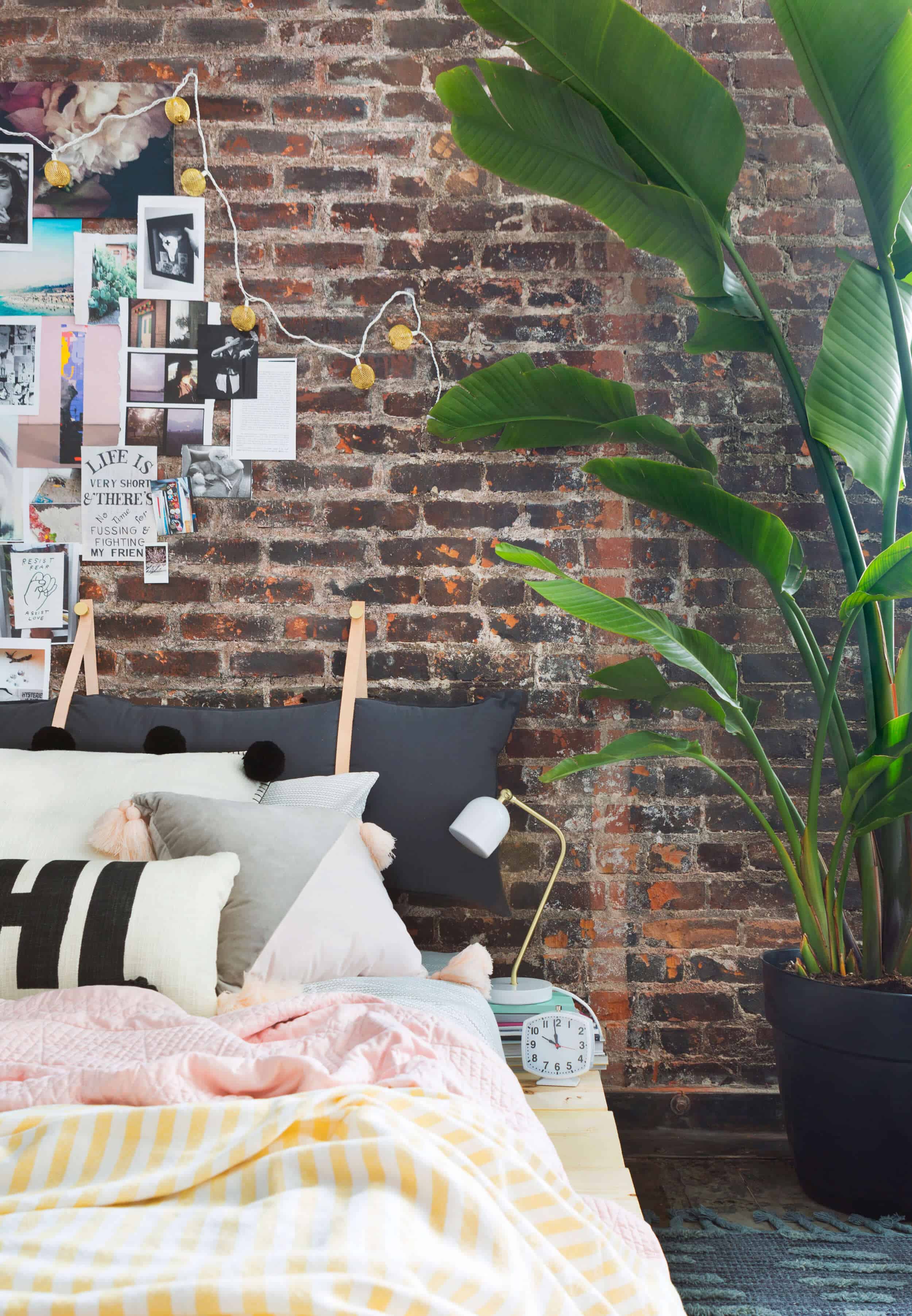 Emily Henderson Target Dorm Room Back To School Boho Eclectic Collage Wall Rocker Chic Musician Artistic Cinderblock Bed Leather Strap Headboard Diy 29