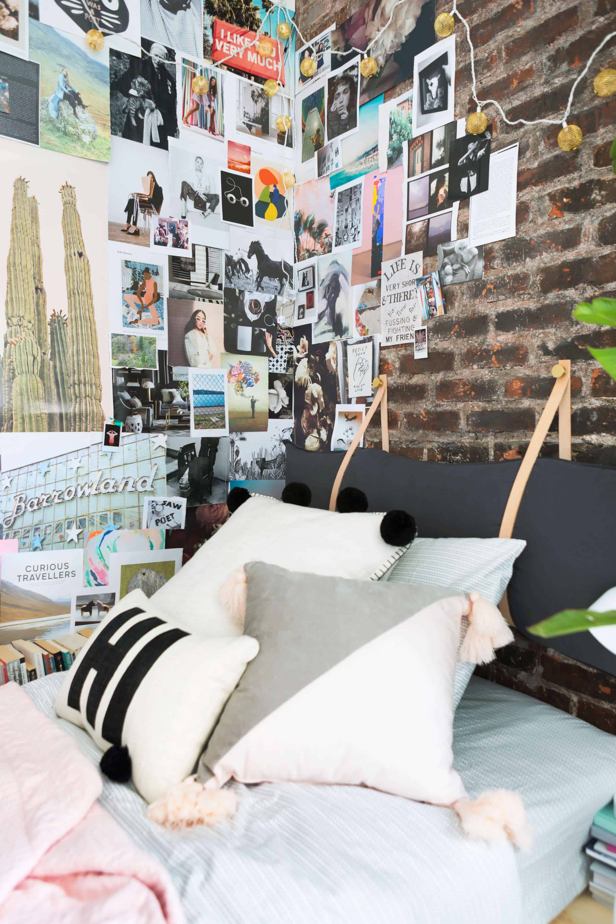 Emily Henderson Target Dorm Room Back To School Boho Eclectic Collage Wall Rocker Chic Musician Artistic Cinderblock Bed Leather Strap Headboard Diy 35