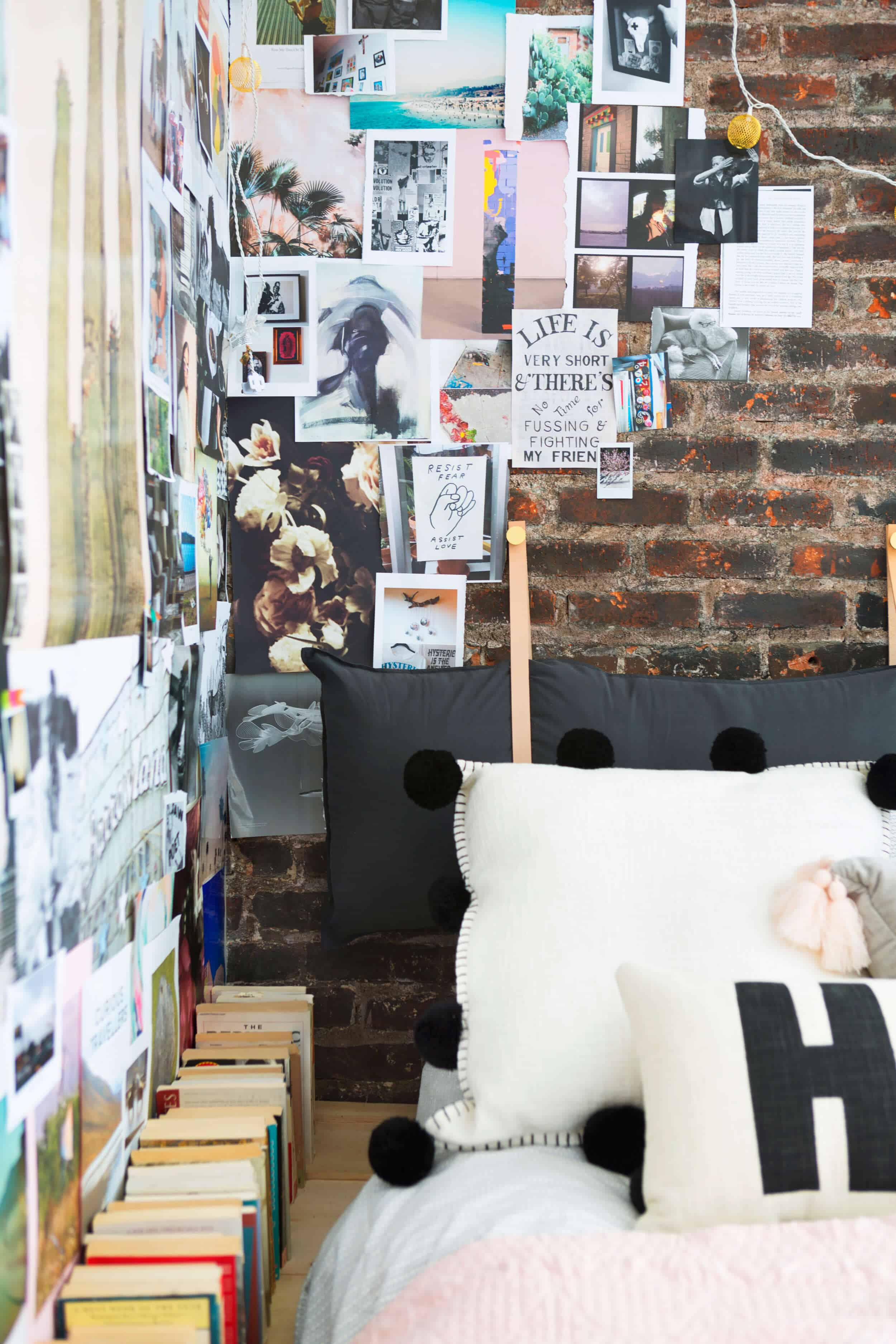 Emily Henderson Target Dorm Room Back To School Boho Eclectic Collage Wall Rocker Chic Musician Artistic Cinderblock Bed Leather Strap Headboard Diy 36