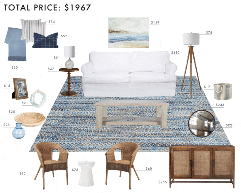 Emily Henderson Budget Design East Coast Coastal Blue Light Woods Living Room Gif 3