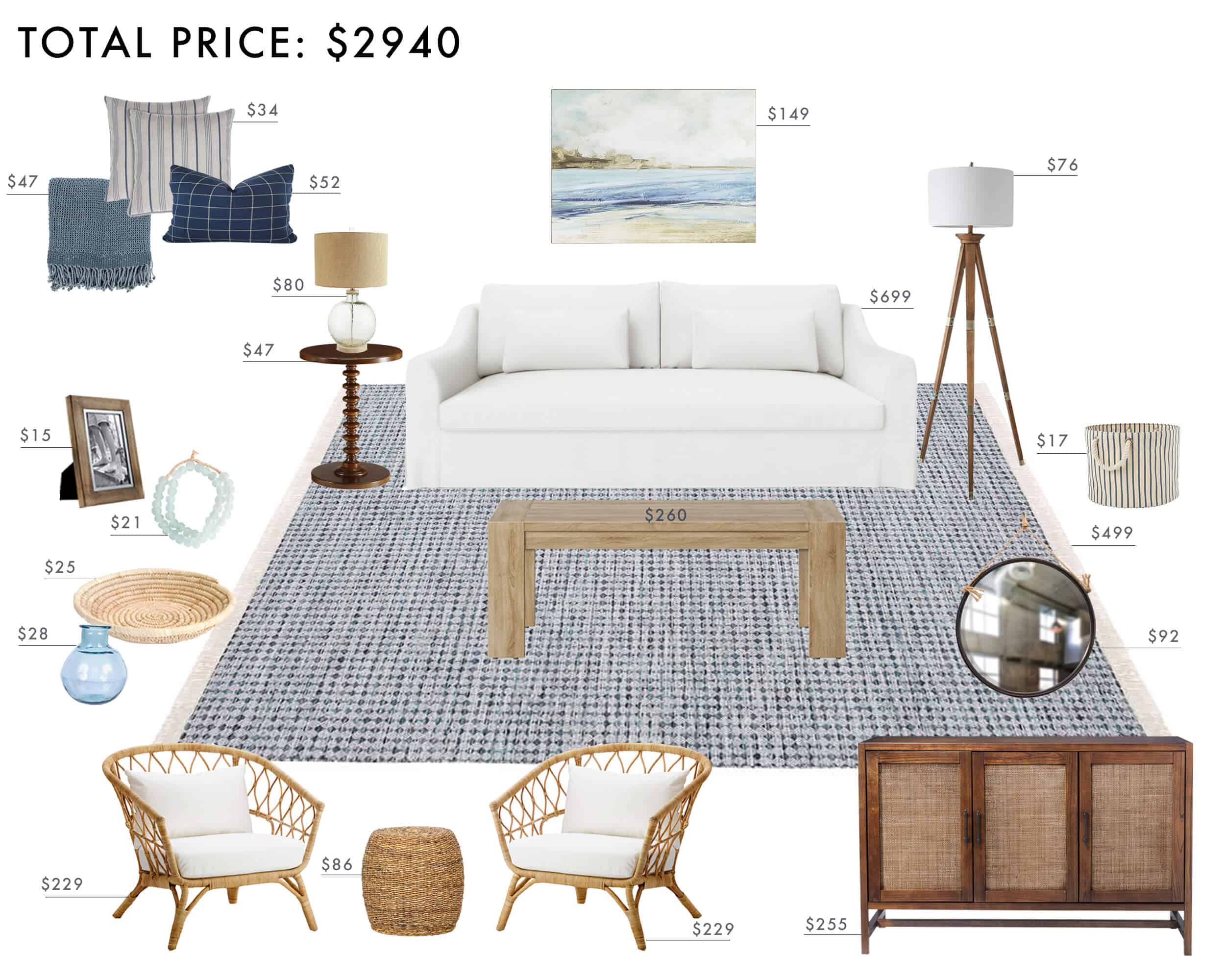 Emily Henderson Budget Design East Coast Coastal Blue Light Woods Living Room Under 3k2