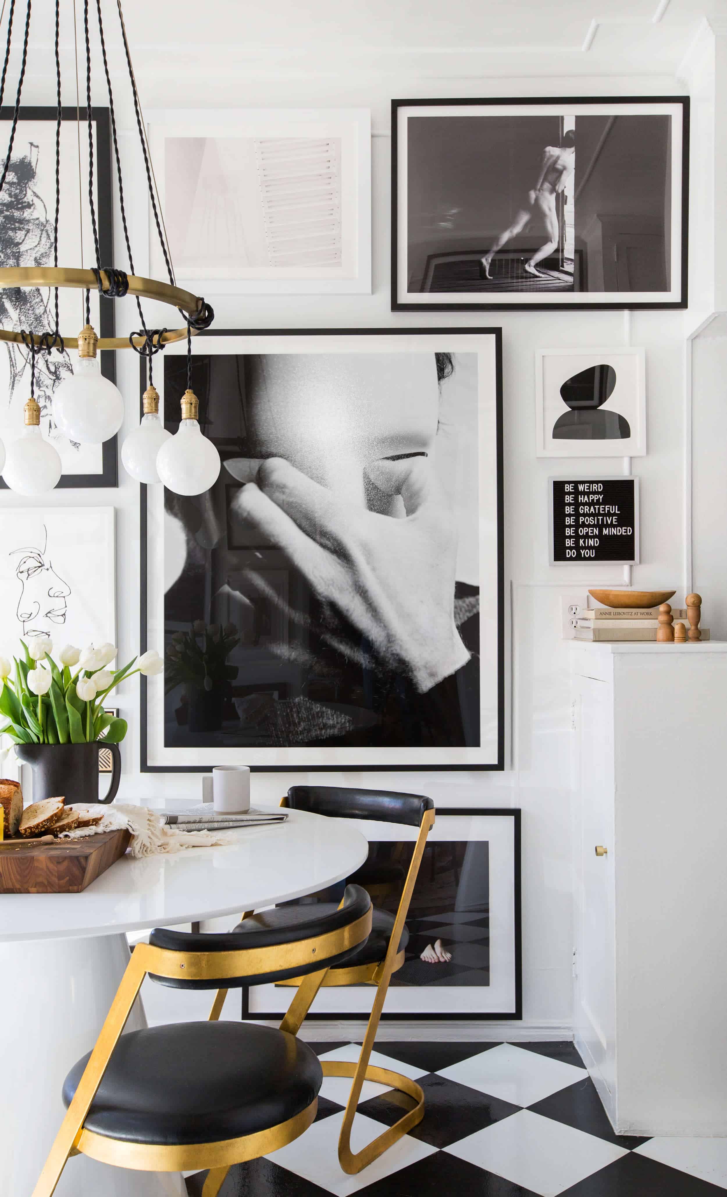 Brady Tolbert Emily Henderson Black And White Kitchen Vintage Apartment Refresh Wood Brass Checkered Floor Copper Pots Eclectic Glam Modern Traditional 6