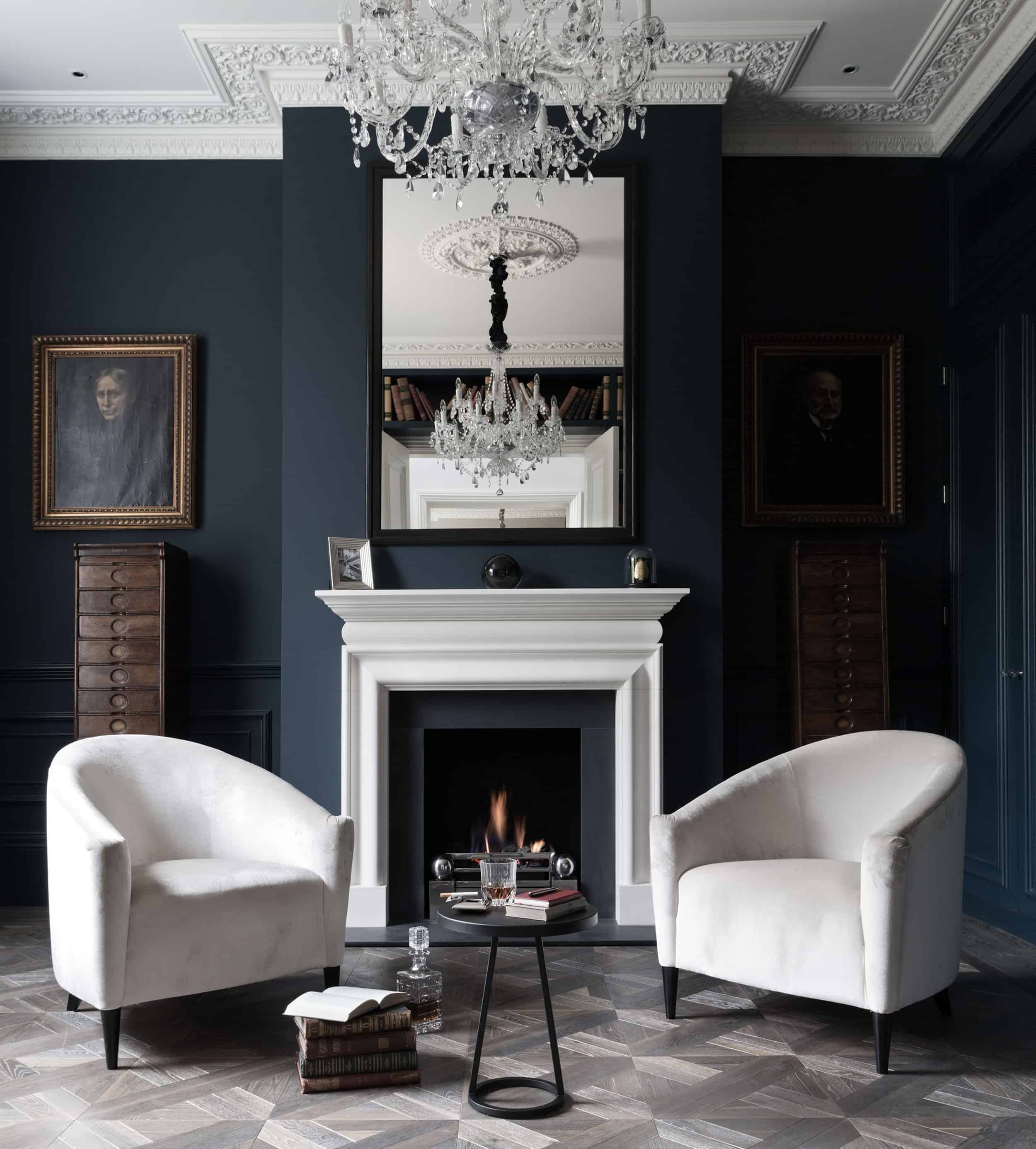 Modern Victorian Blue Wall White Chairs Firelpace