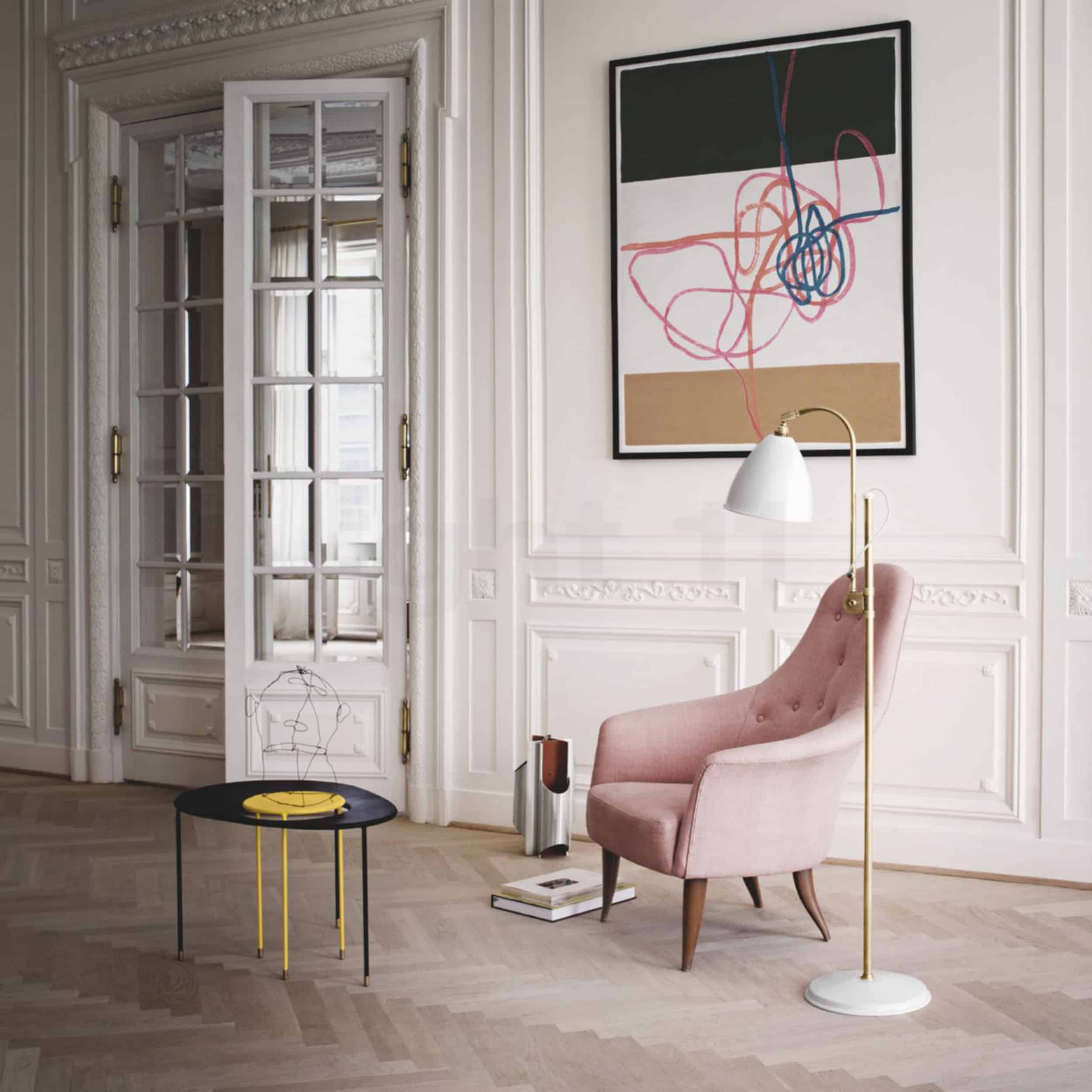 Modern Victorian Pink chair french doors herring bone floors