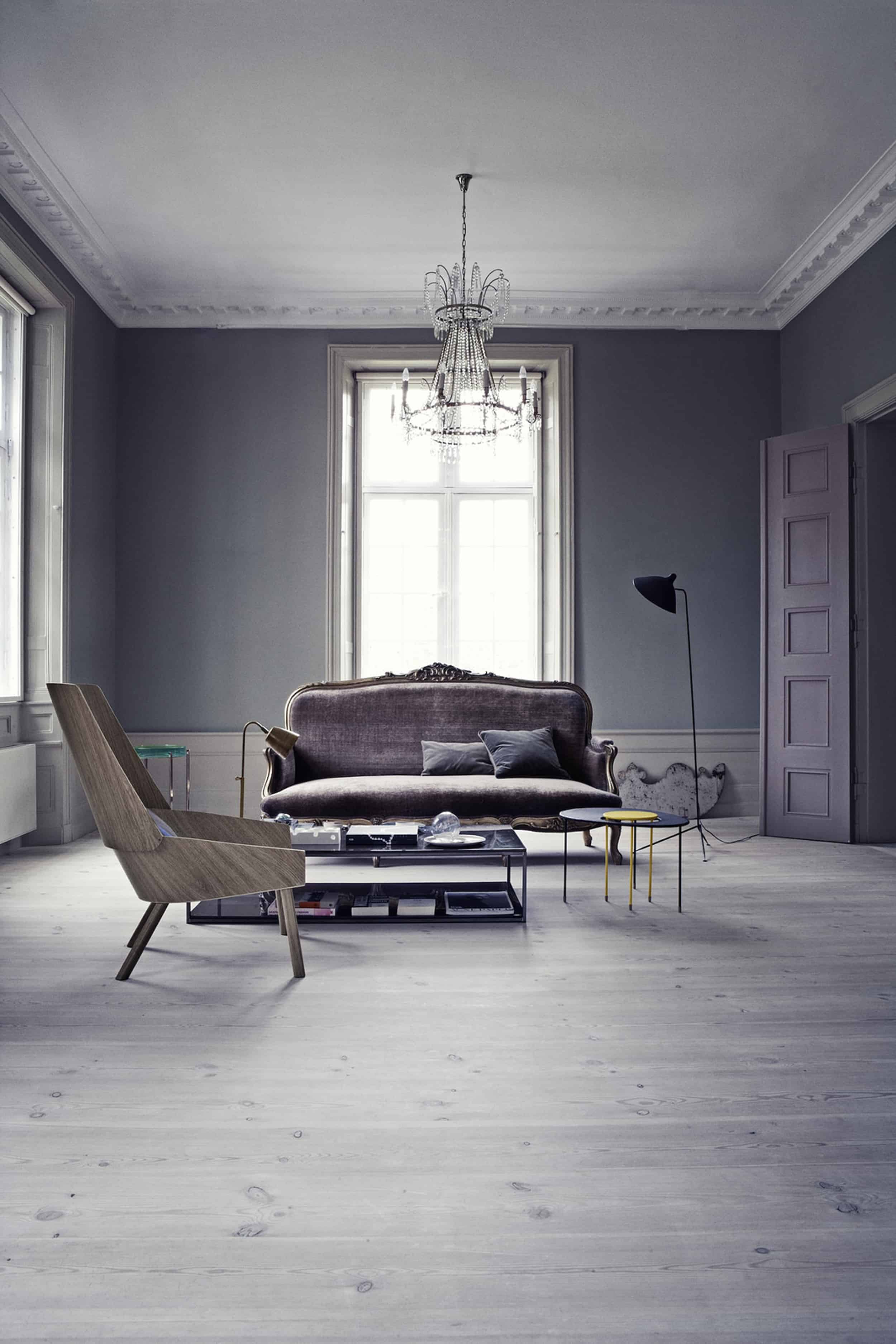 Modern Victorian Gray Room White wash floors crystal chandelier