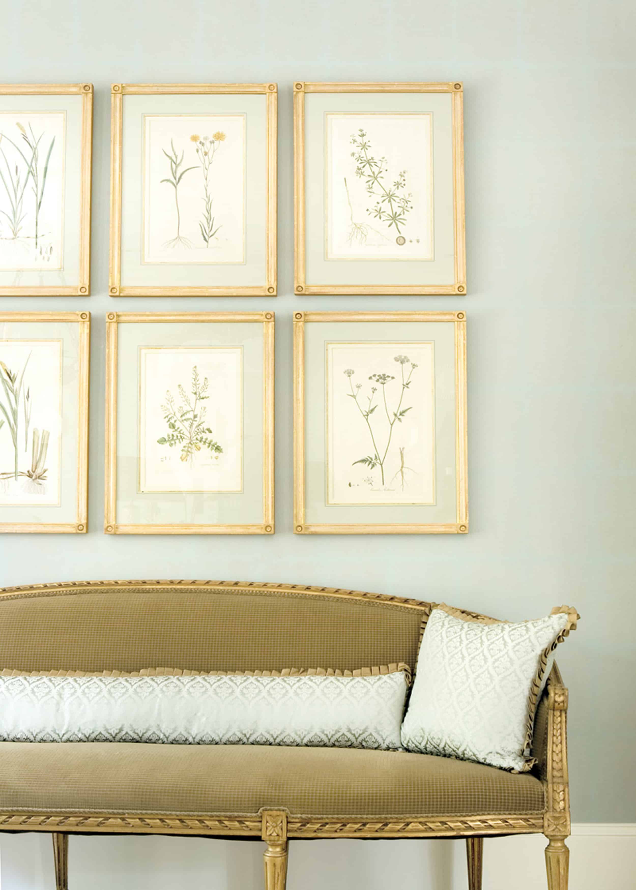 Modern Victorian botanical gallery wall green velvet sofa