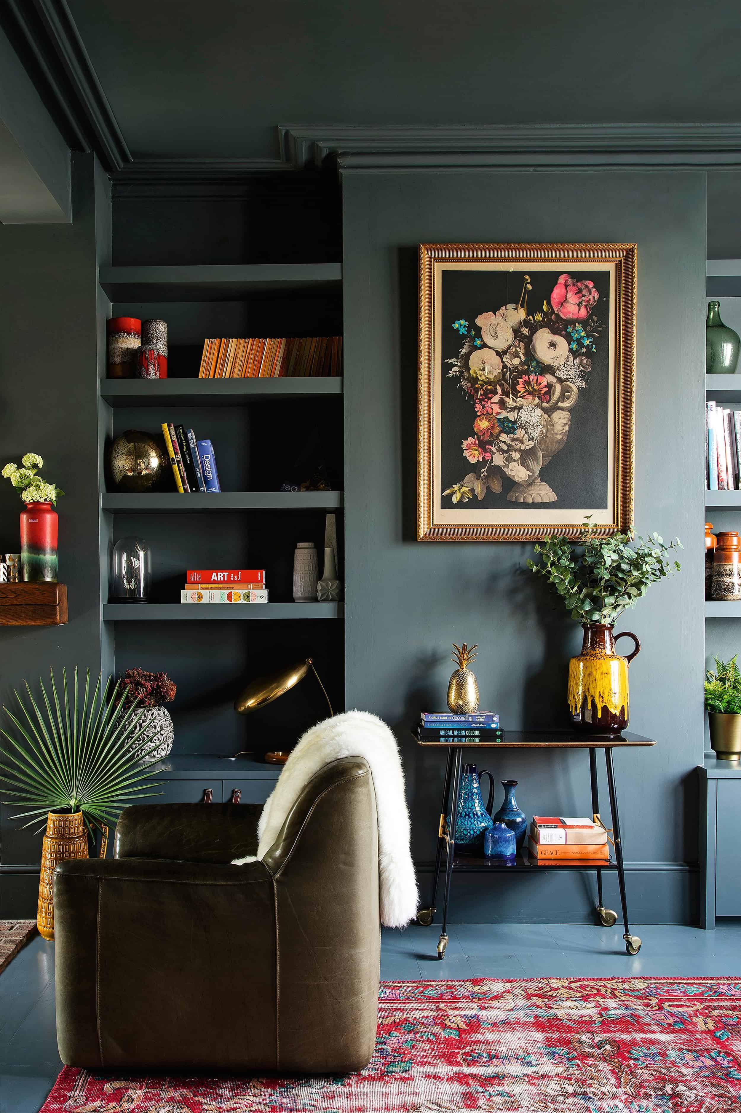 Modern Victorian blue room floral art built in shelves