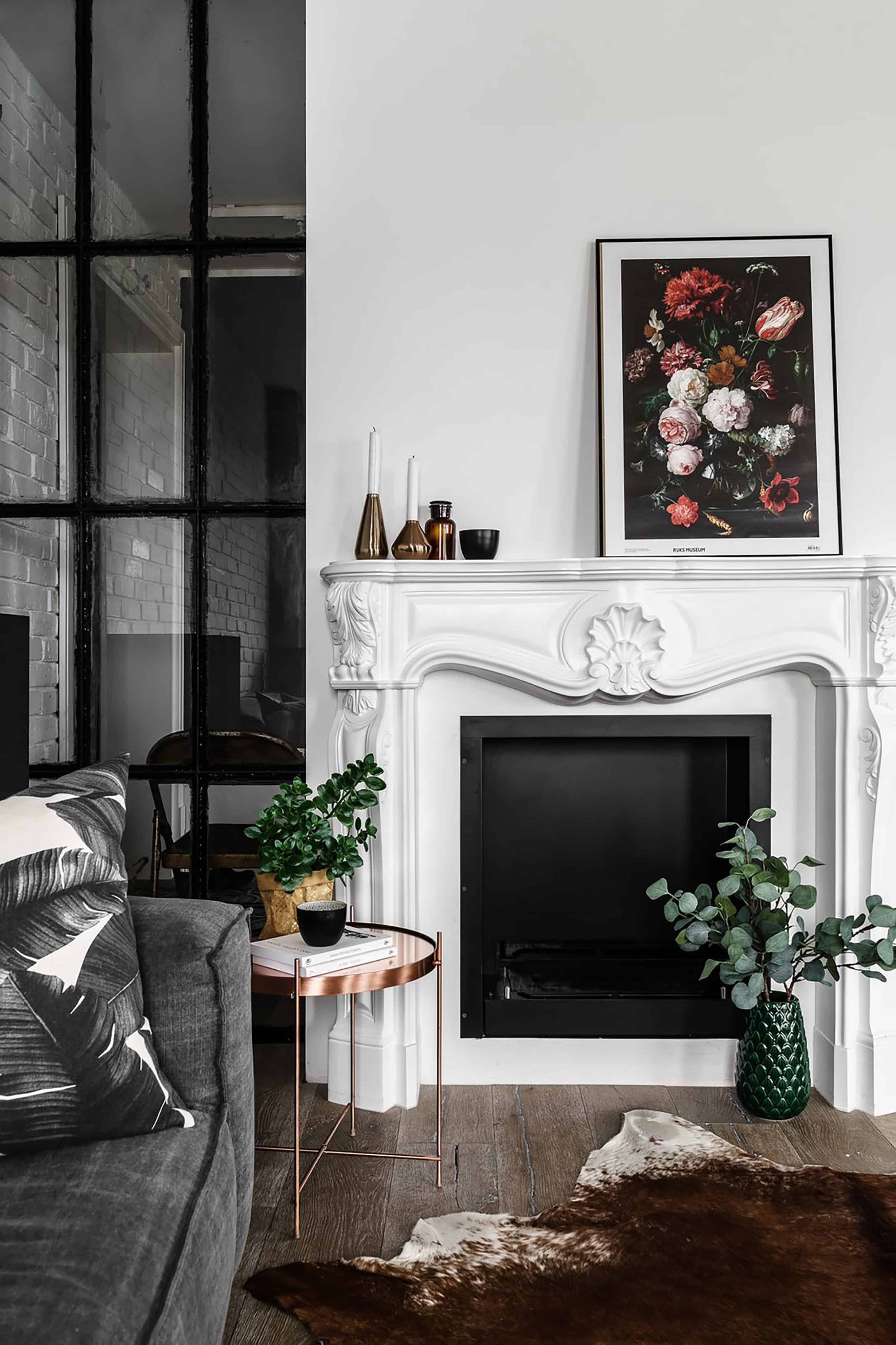 Modern Victorian White Fireplace copper side table floral print