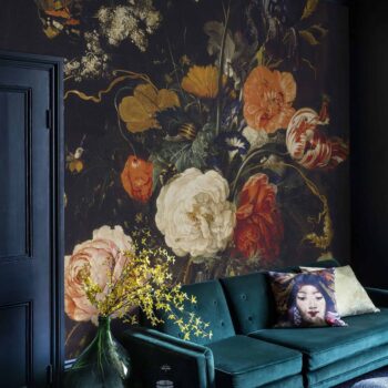 Modern Victorian large scale floral wallpaper teal sofa
