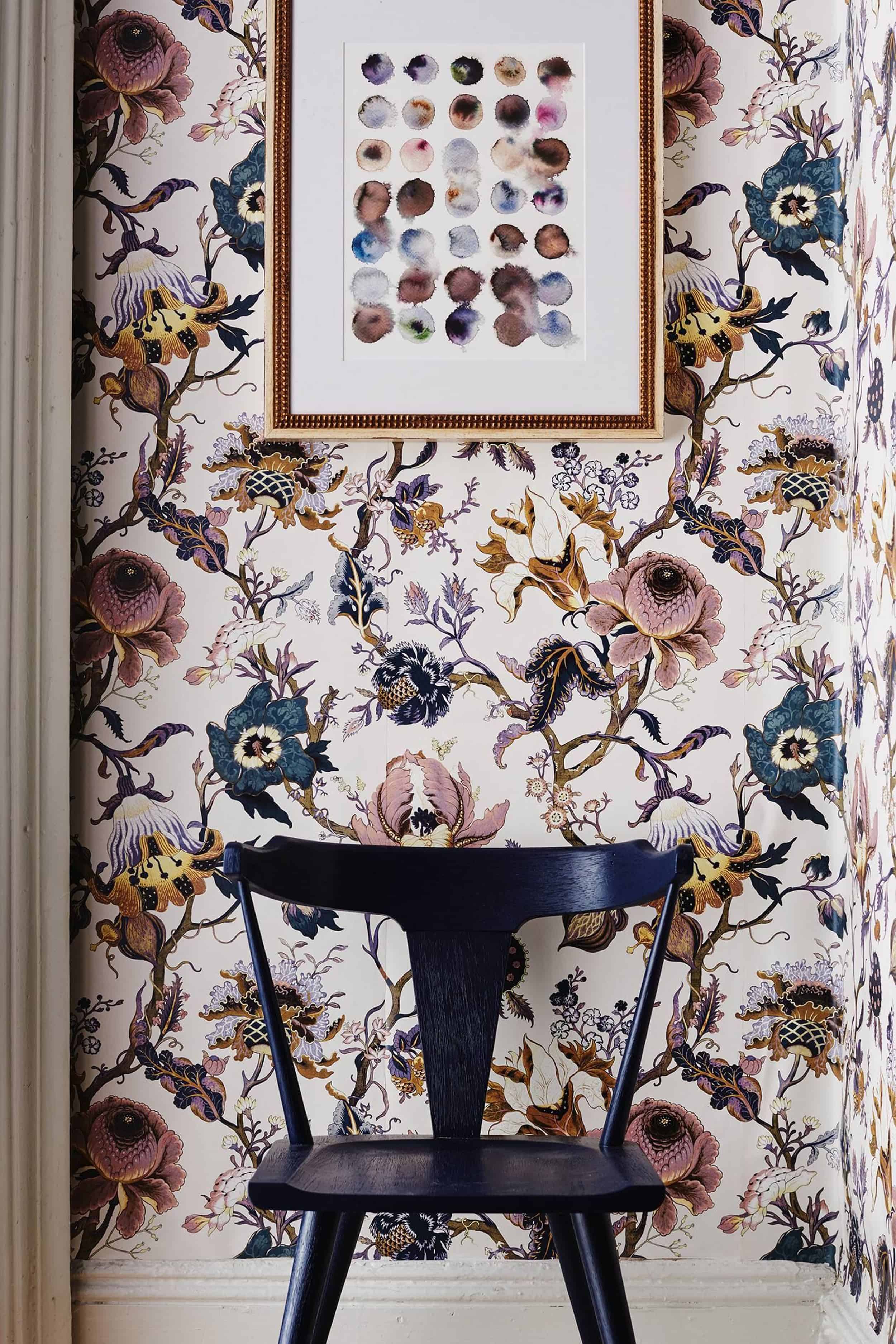 Modern Victorian Floral wallpaper Black wood chair