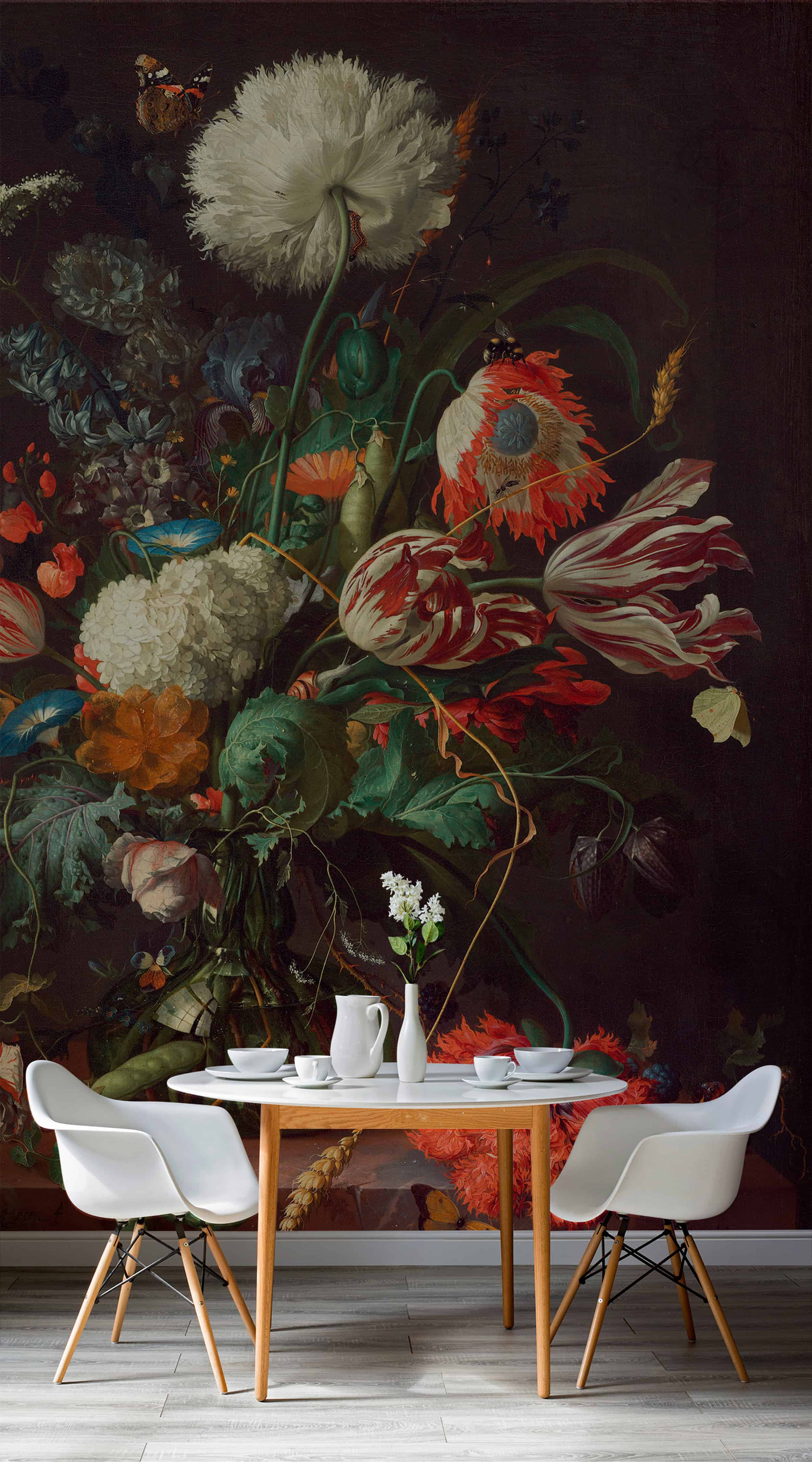 Modern Victorian large scale floral wallpaper scandinavian dining room