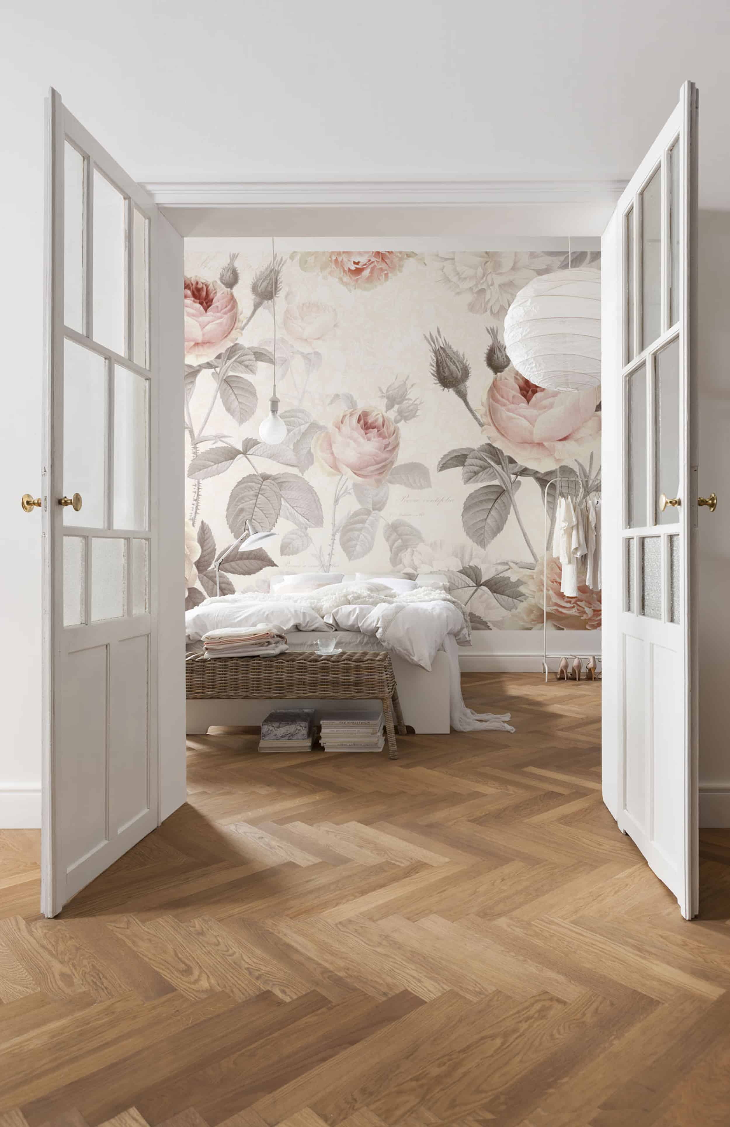 Modern Victorian large scale floral wallpaper white french doors roses