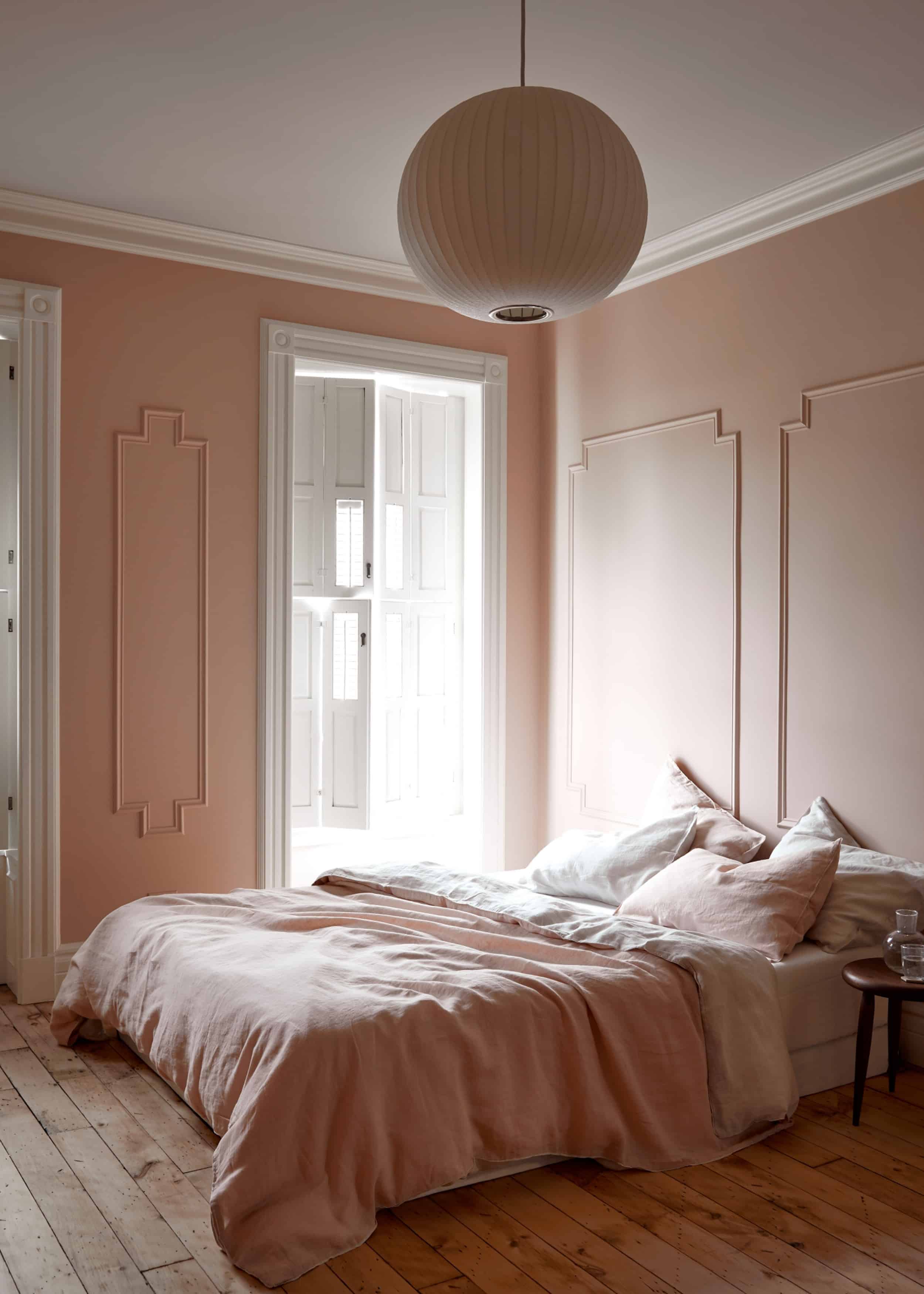 Modern Victorian pink bedroom moulding large windows