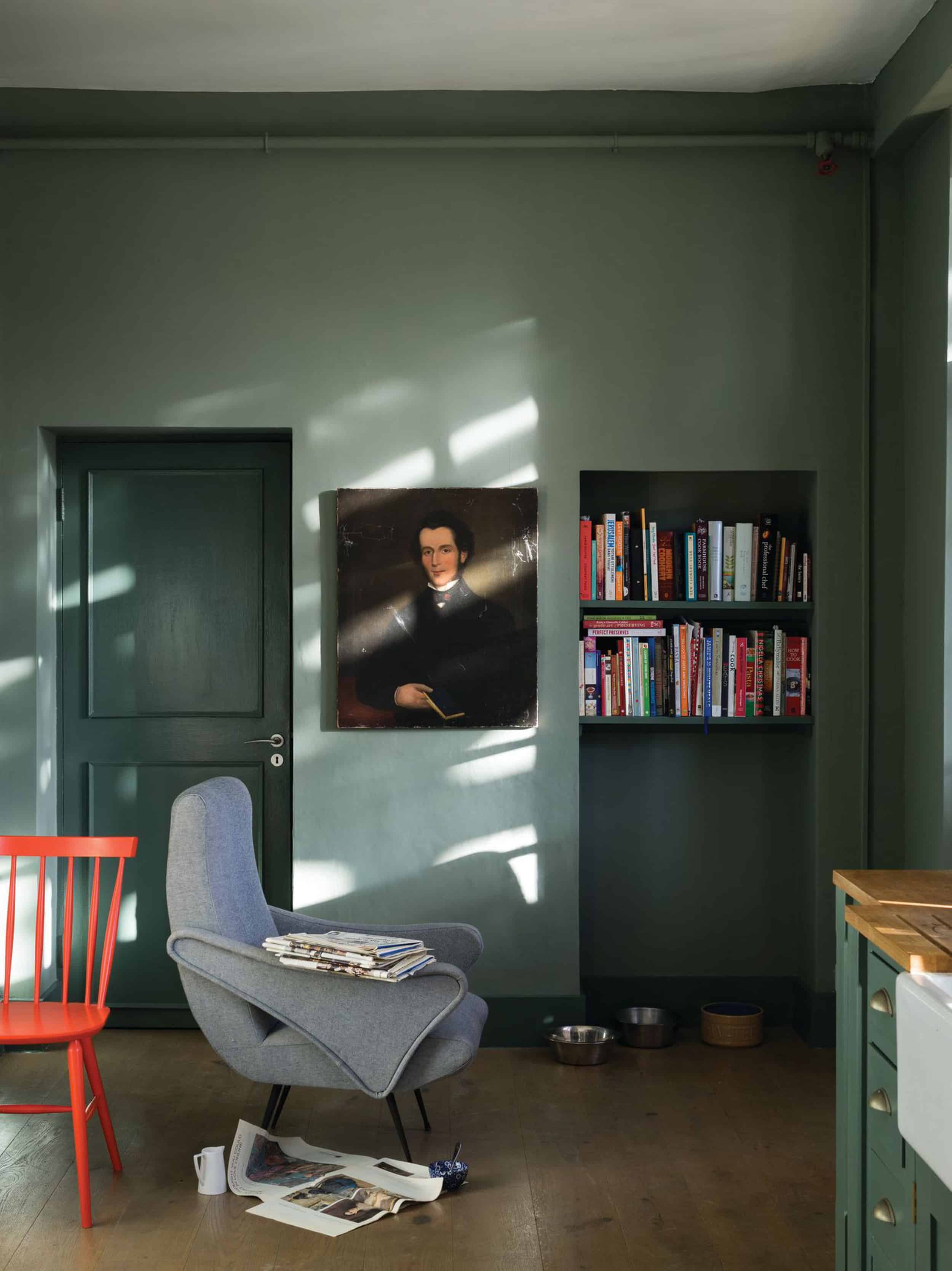 Modern Victorian Green Paint Vintage Oil Painting Portrait tonal orange chair