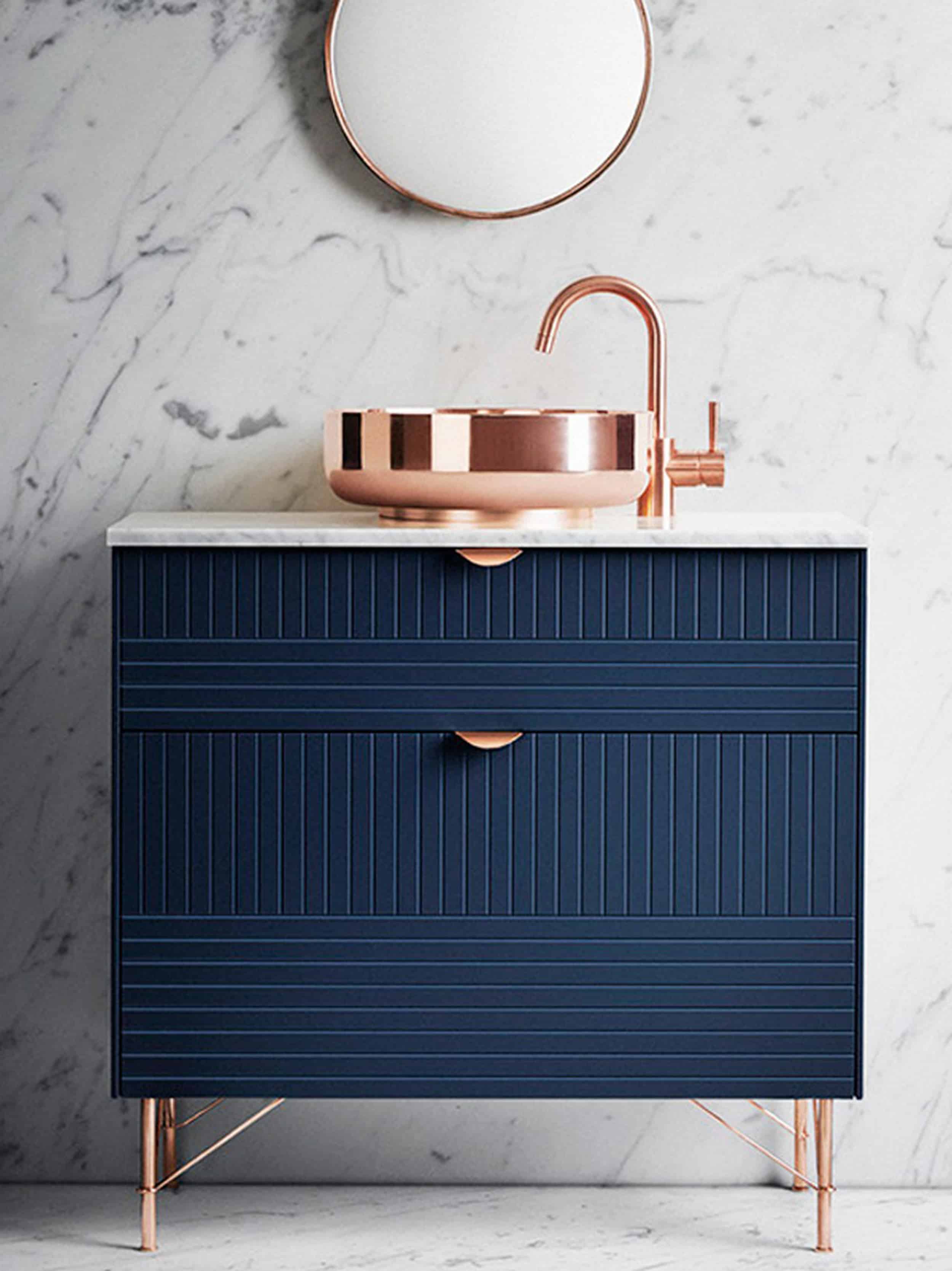 blue vanity copper sink modern