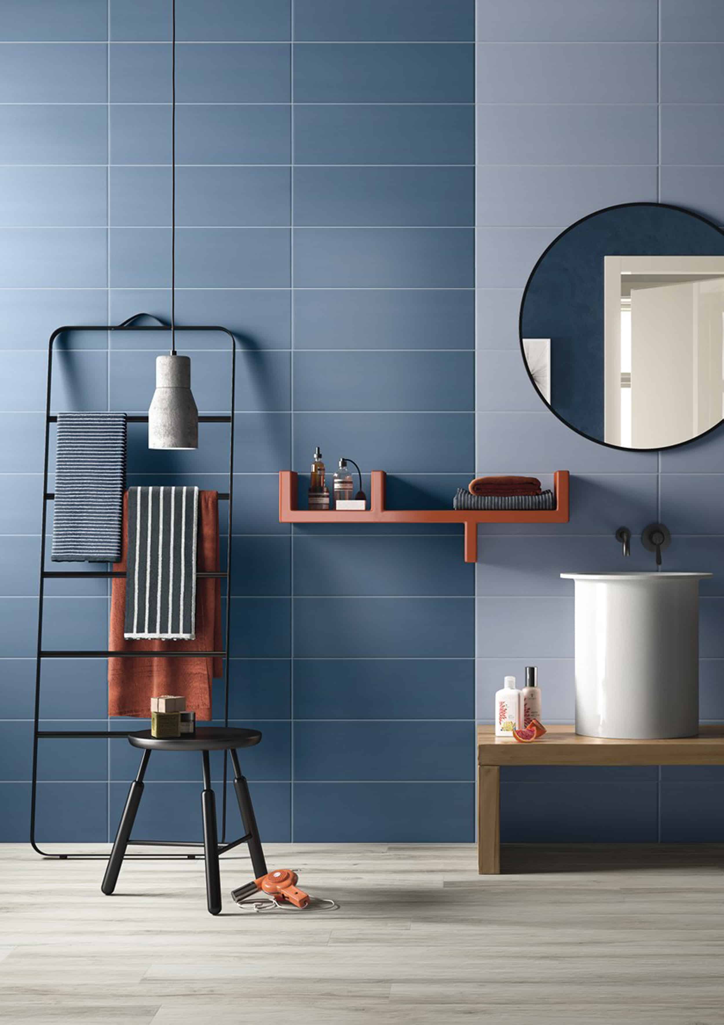 blue bathroom modern ladder black stool