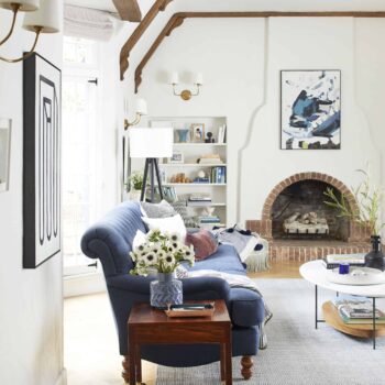 New Modern Traditional Neutral Living Room Navy Sofa