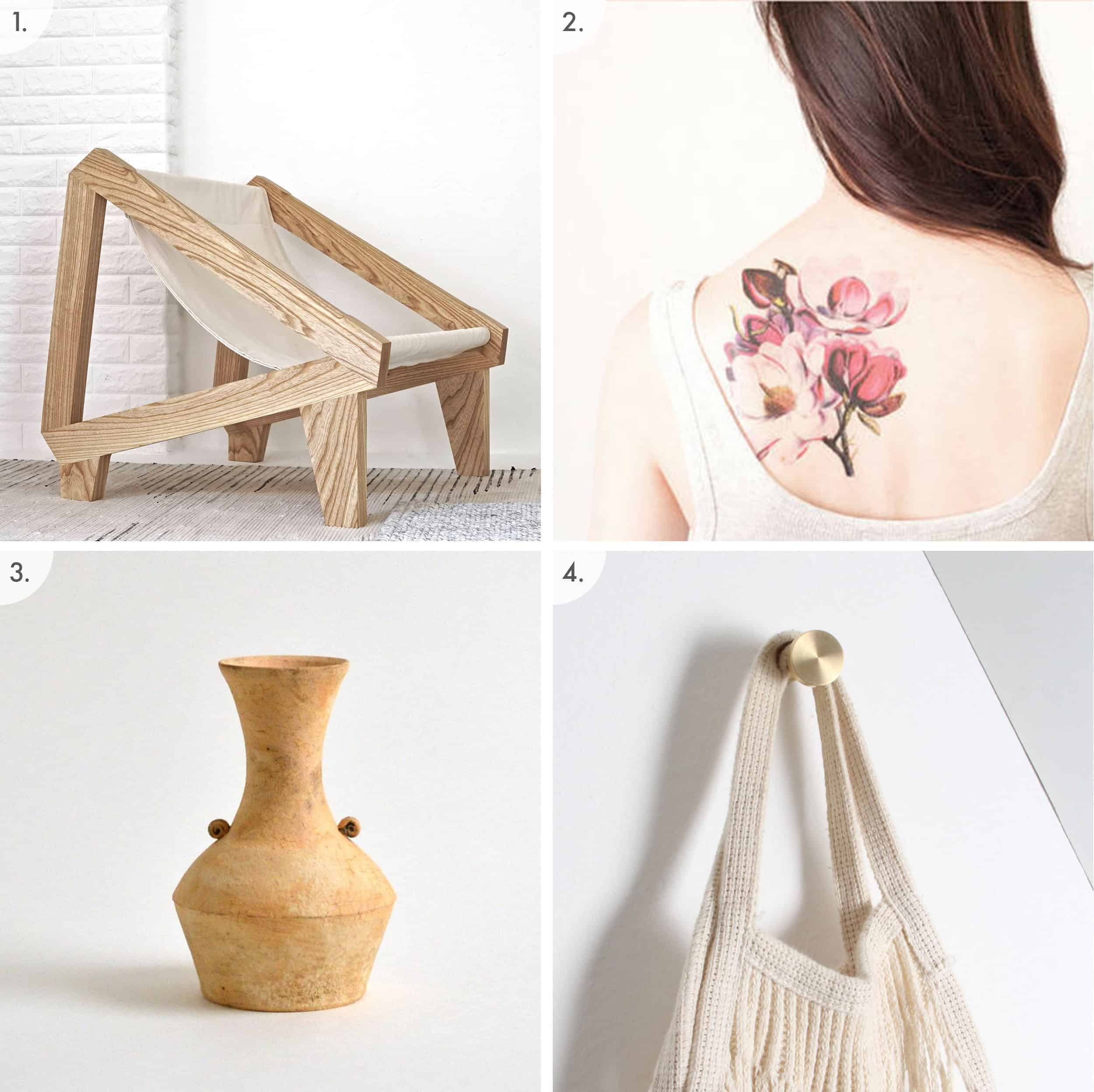 Wood And Canvas Chair Floral Temporary Tattoo Rustic Vase Brass Wall Hook