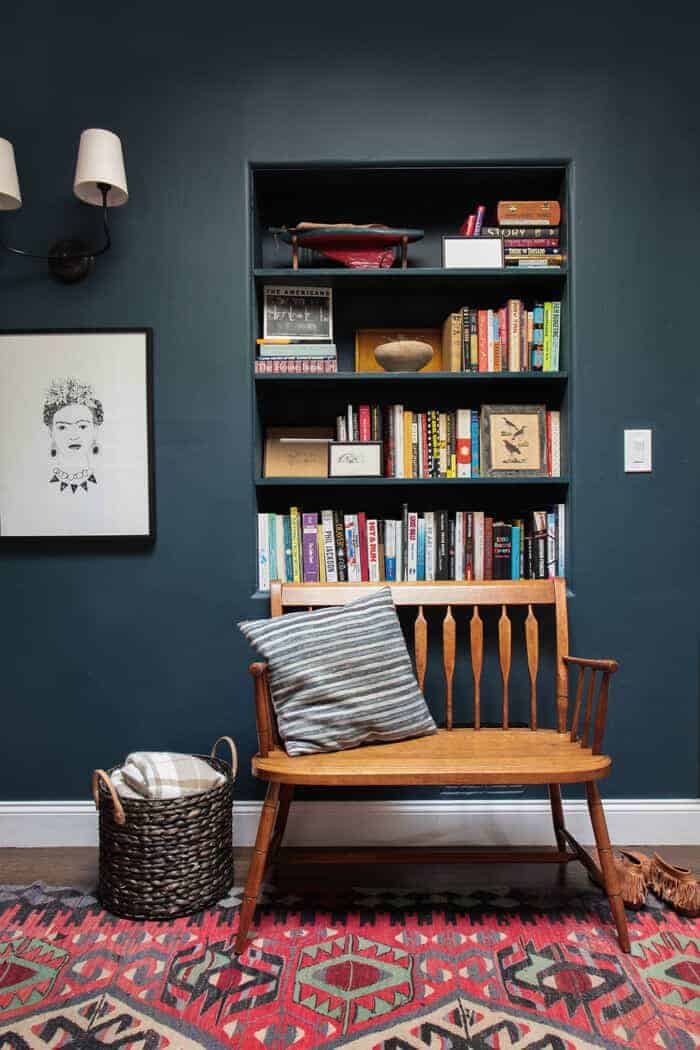 Emily Henderson Hague Blue Reading Nook Leather Chair Gallery Wall Bookshelves