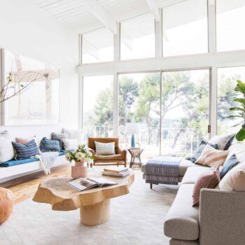 Emily Henderson Living Room Staged To Sell Boho Mid Century Eclectic Blue White Styled Couch Sectional Staged12