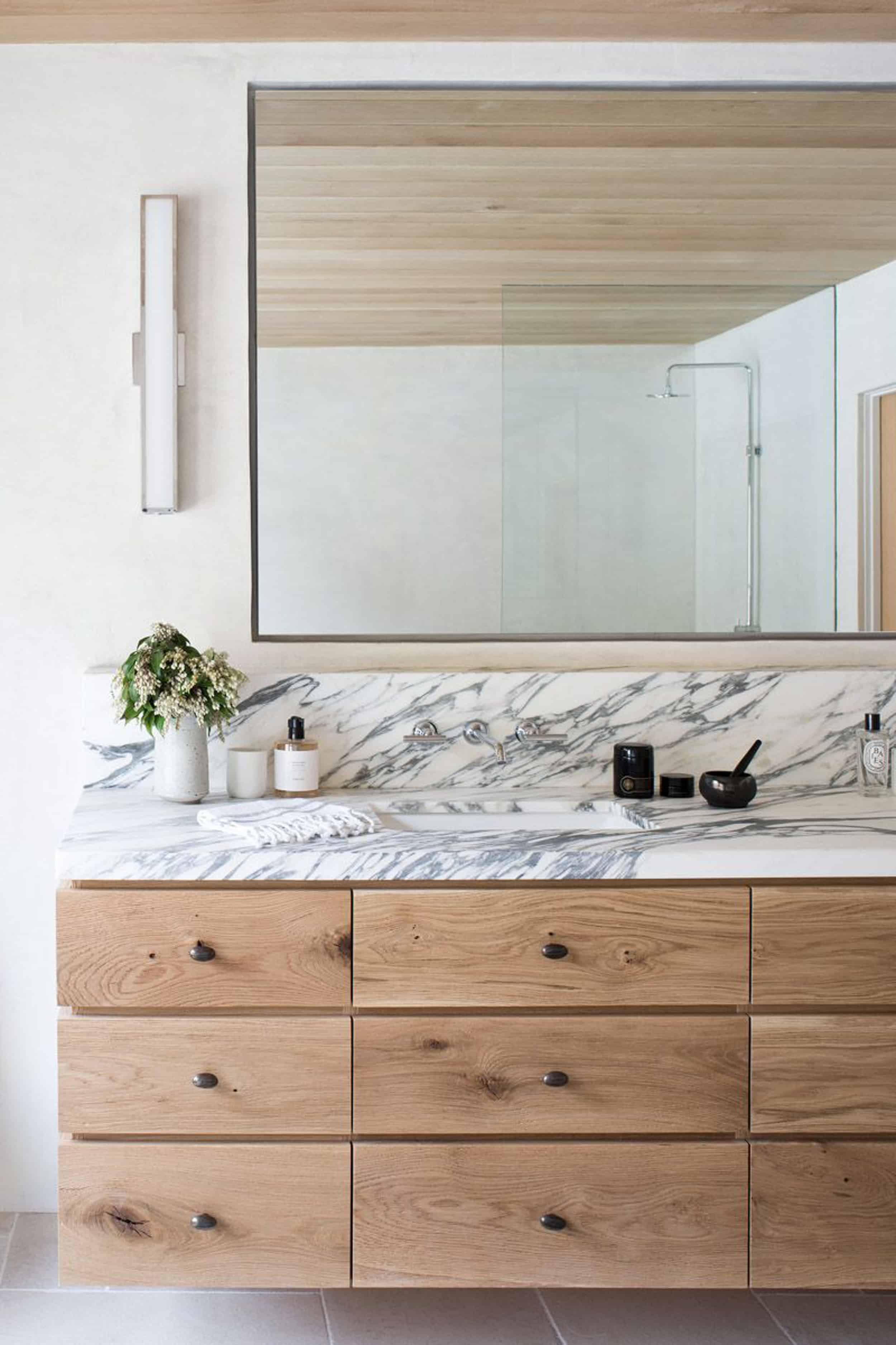 natural wood vanity marble counter 