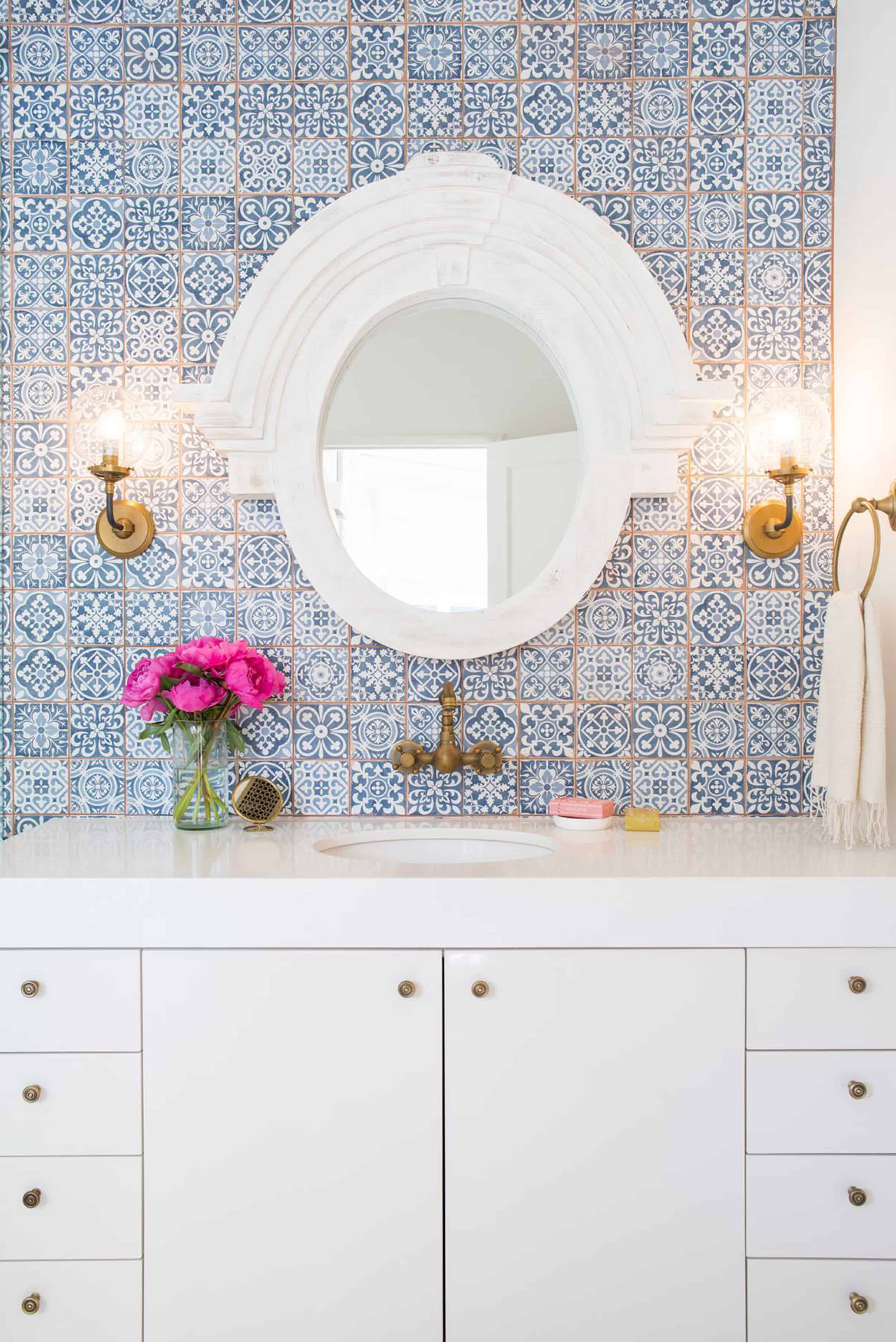 blue patterned tile white vanity modern traditional bathroom