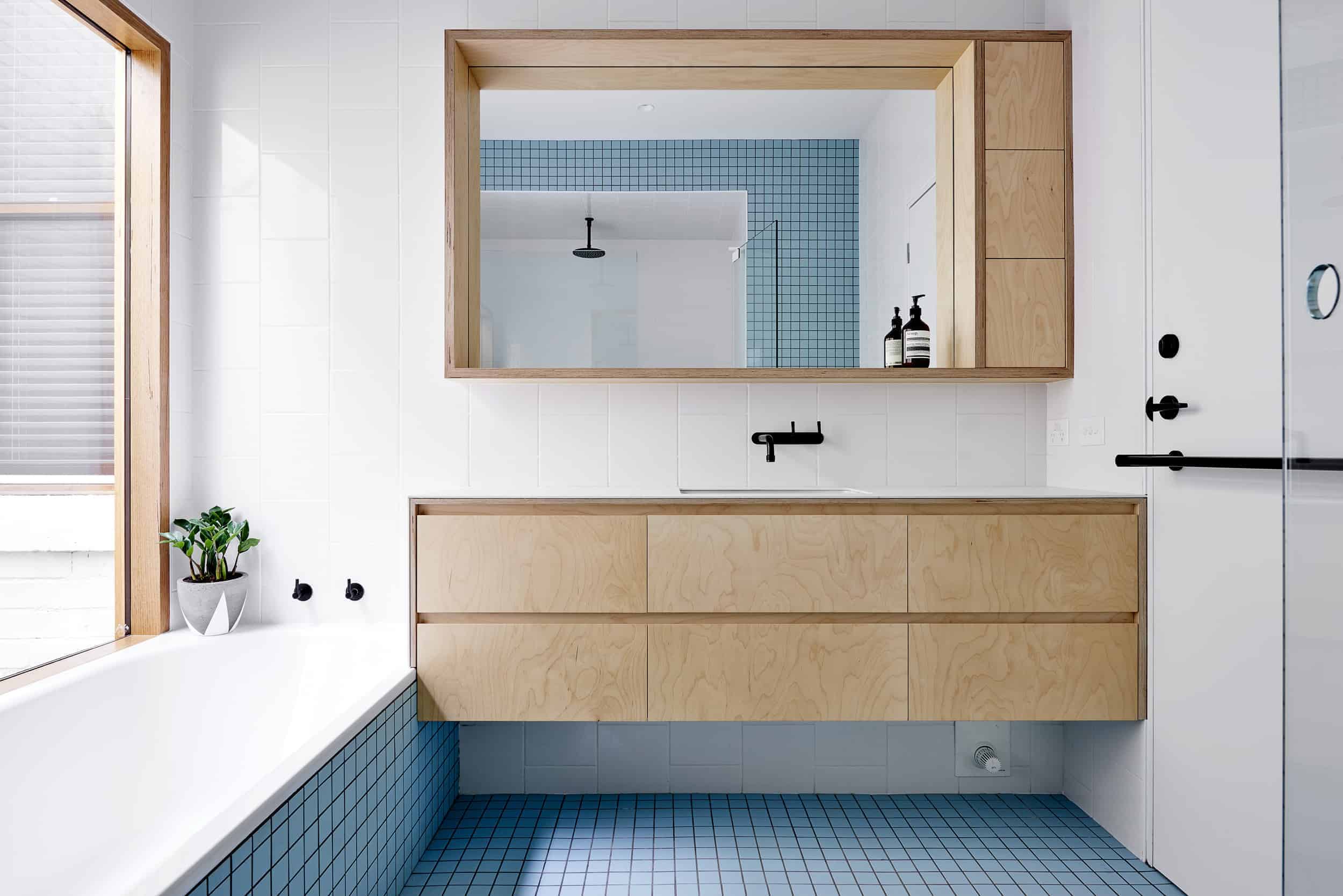 modern bathroom blue grid tile 