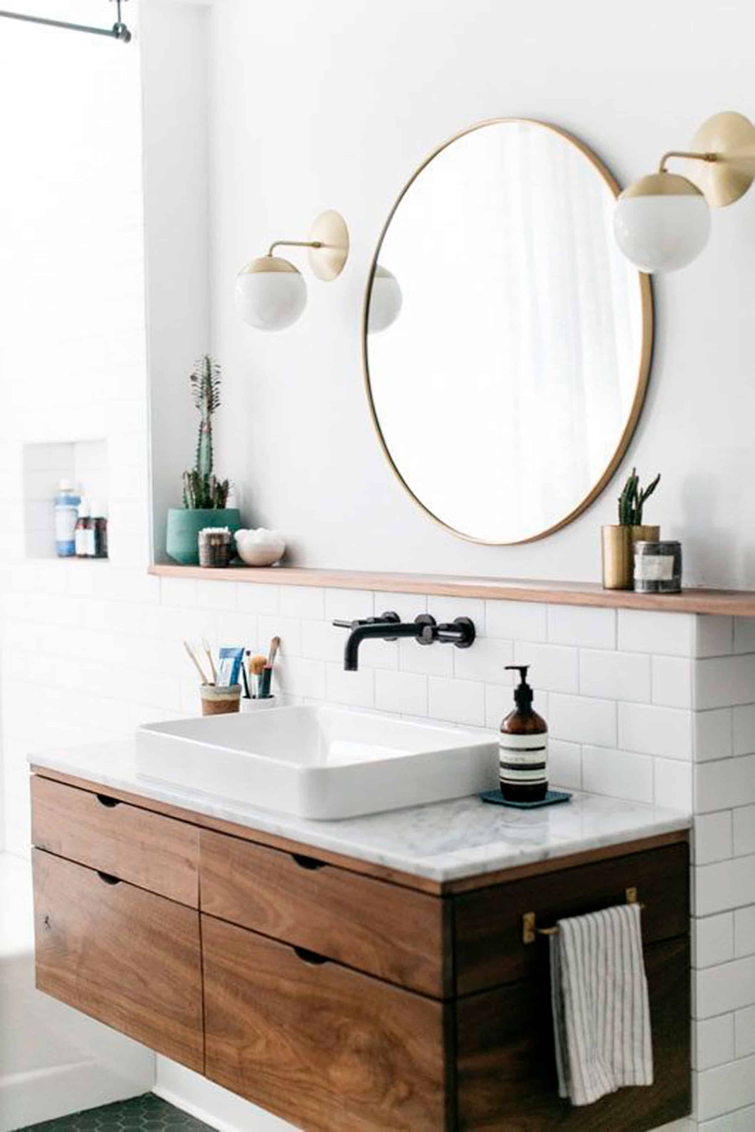 floating vanity round mirror gold sconces 