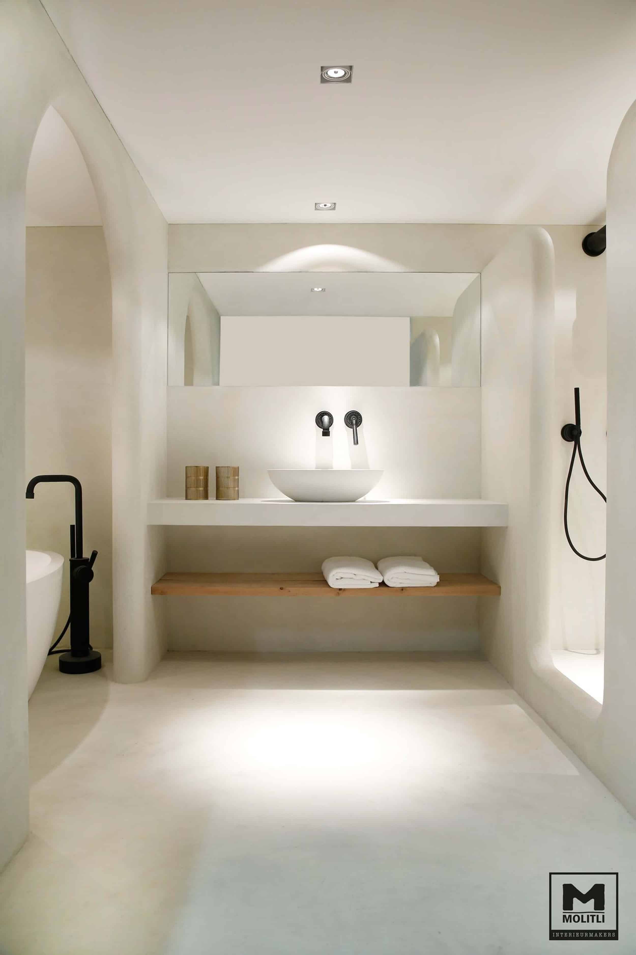 boho modern bathroom white walls vessel sink