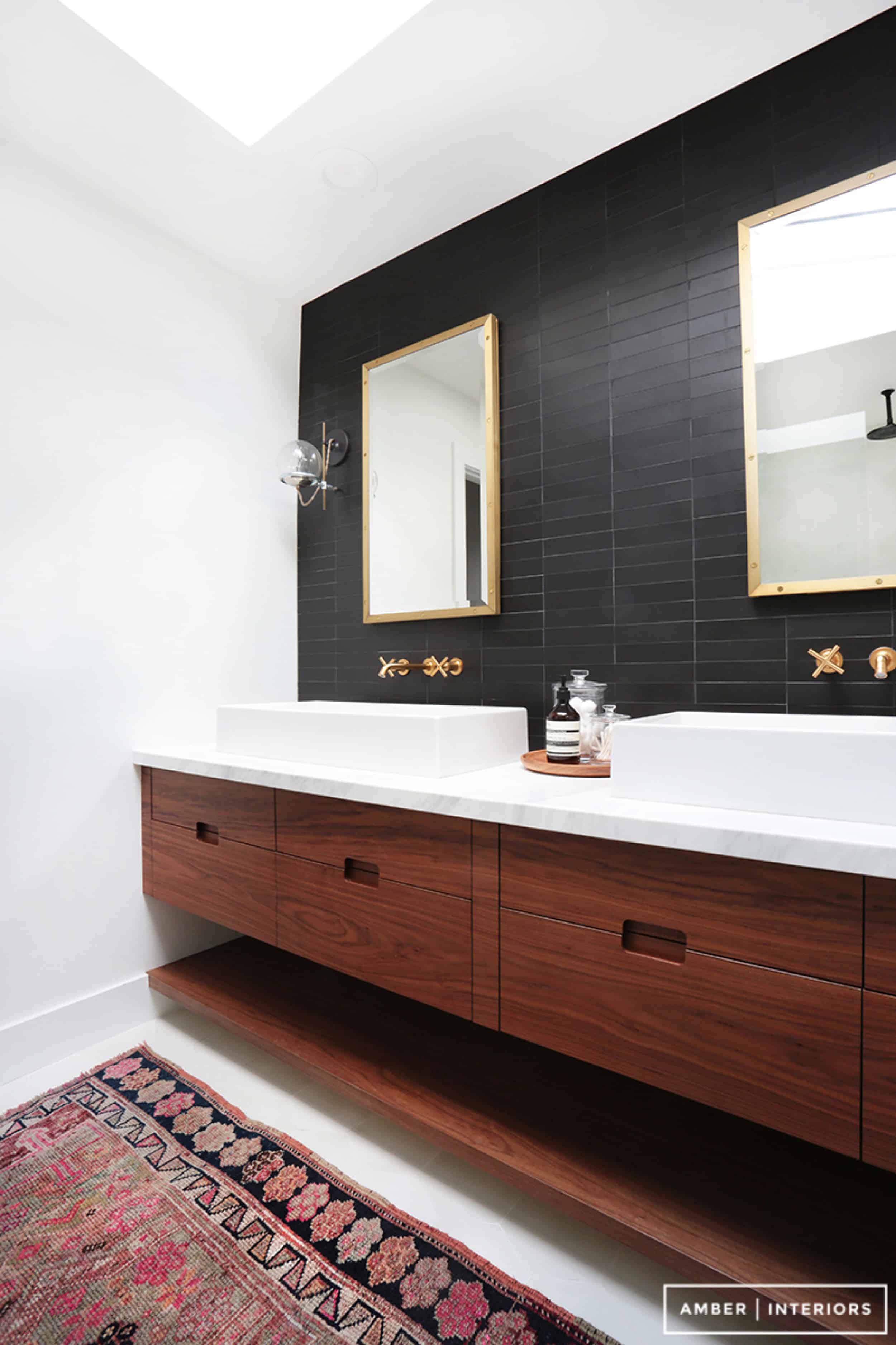 Black tile vessel sink double vanity