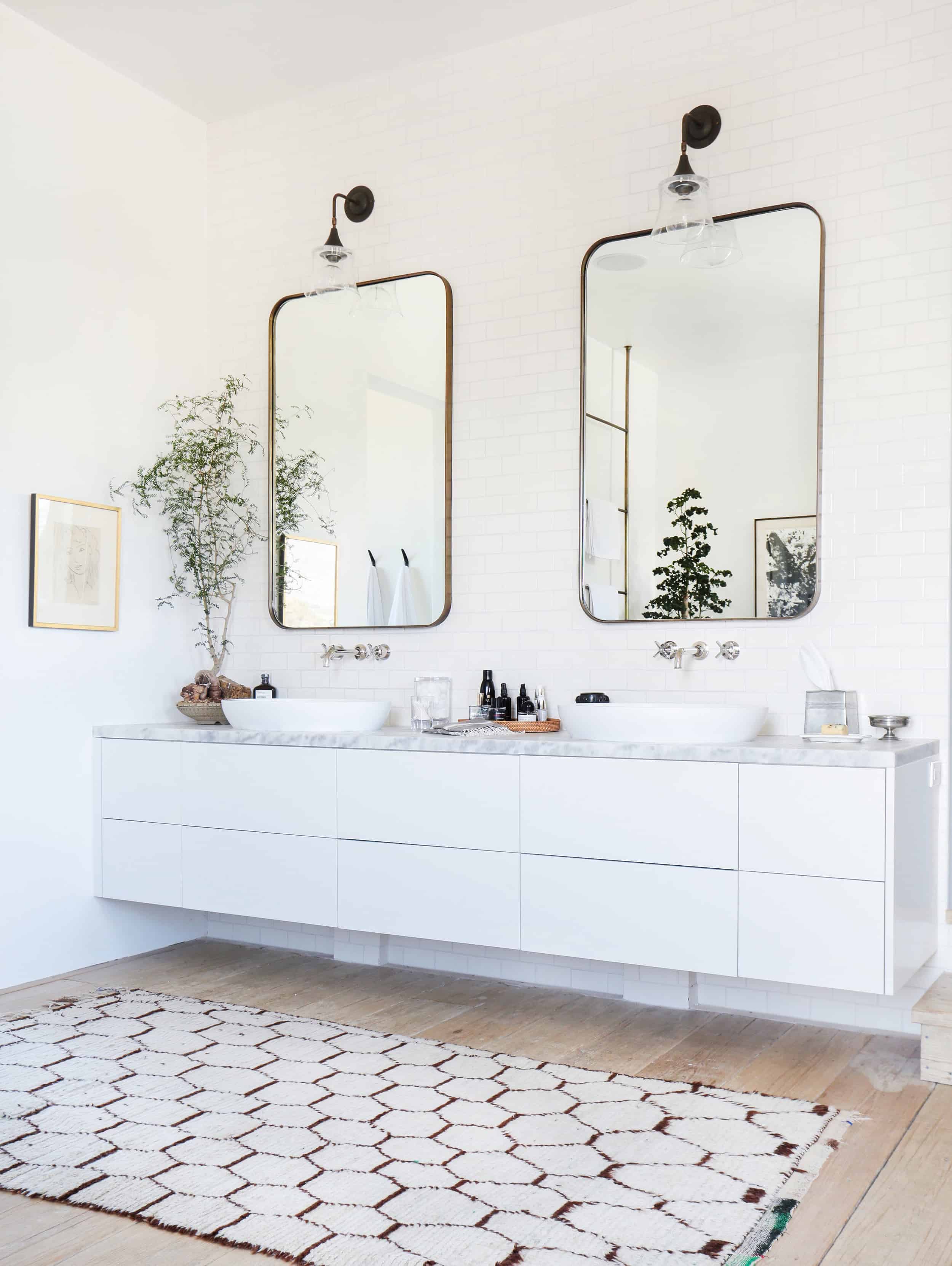 Double Vanity brick wall marble counter vessel sinks