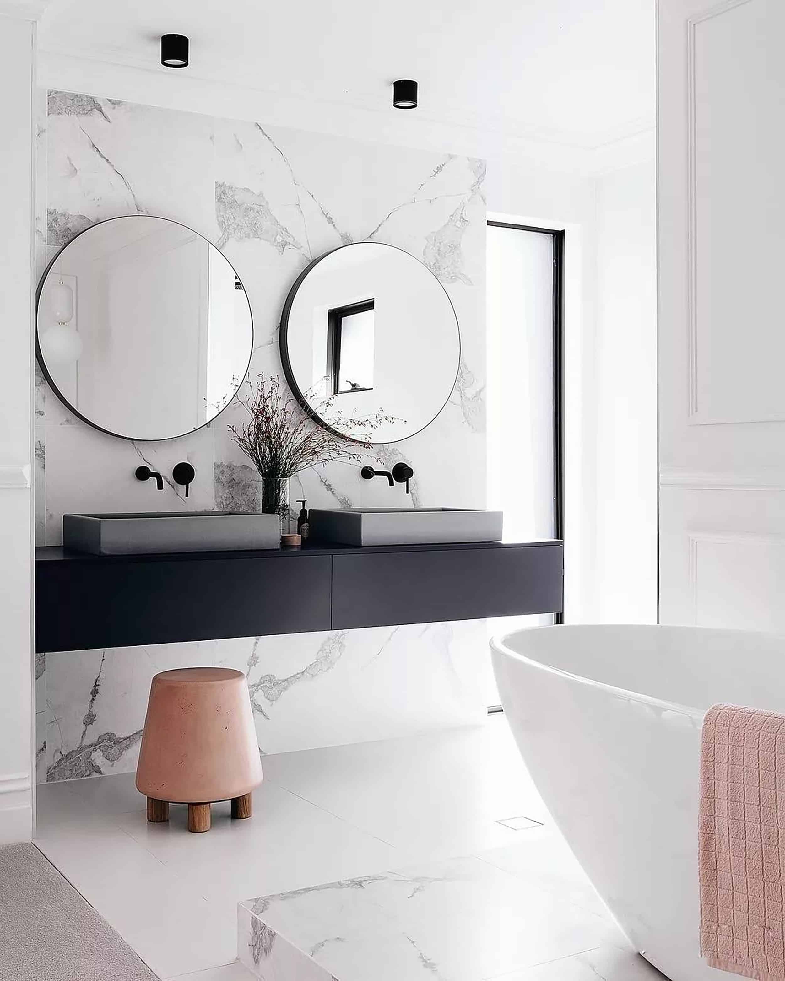 Double vanity round mirror concrete vessel sinks