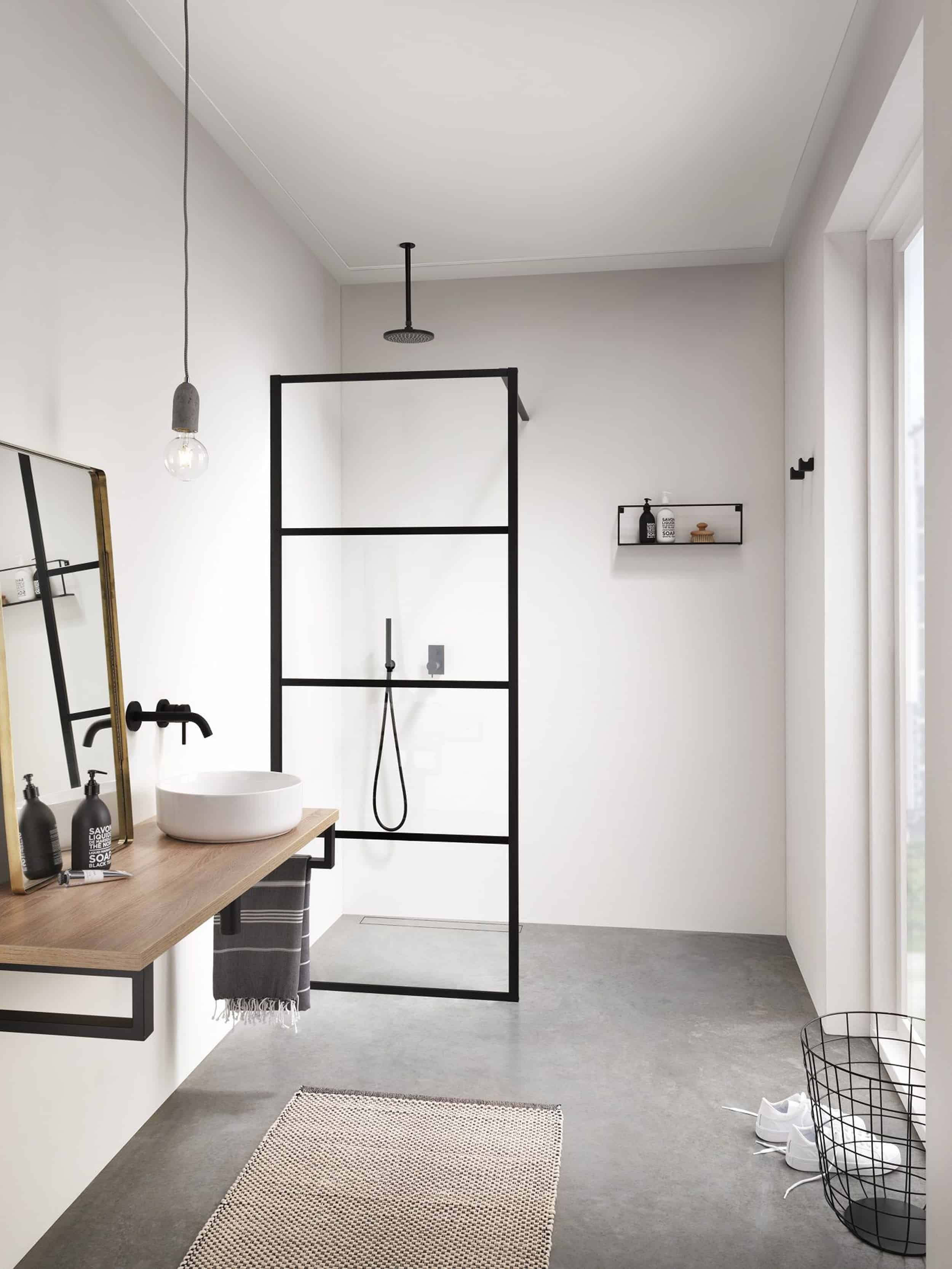 Modern boho bathroom vessel sink concrete floors