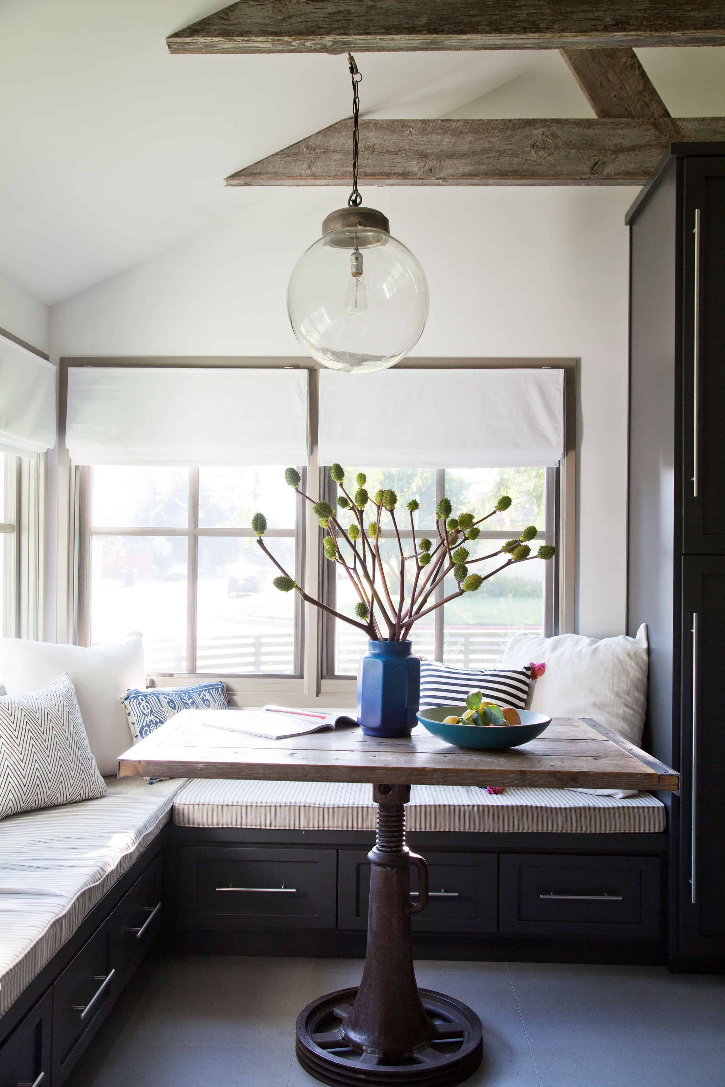 small space dining table build in seating pendant