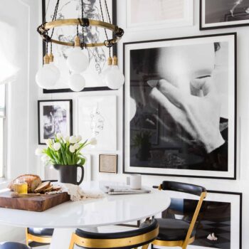 Emily Henderson Small Space Dining chandelier black and white photography