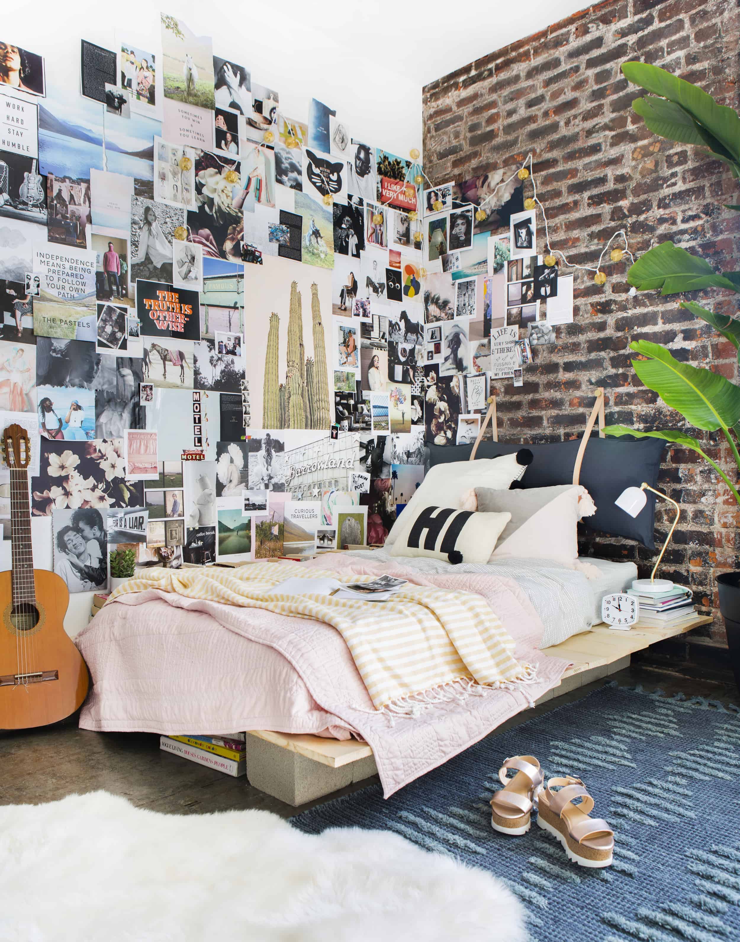 Emily Henderson Target Dorm Room Back To School Boho Eclectic Collage Wall Rocker Chic Musician Artistic Cinderblock Bed Leather Strap Headboard Diy