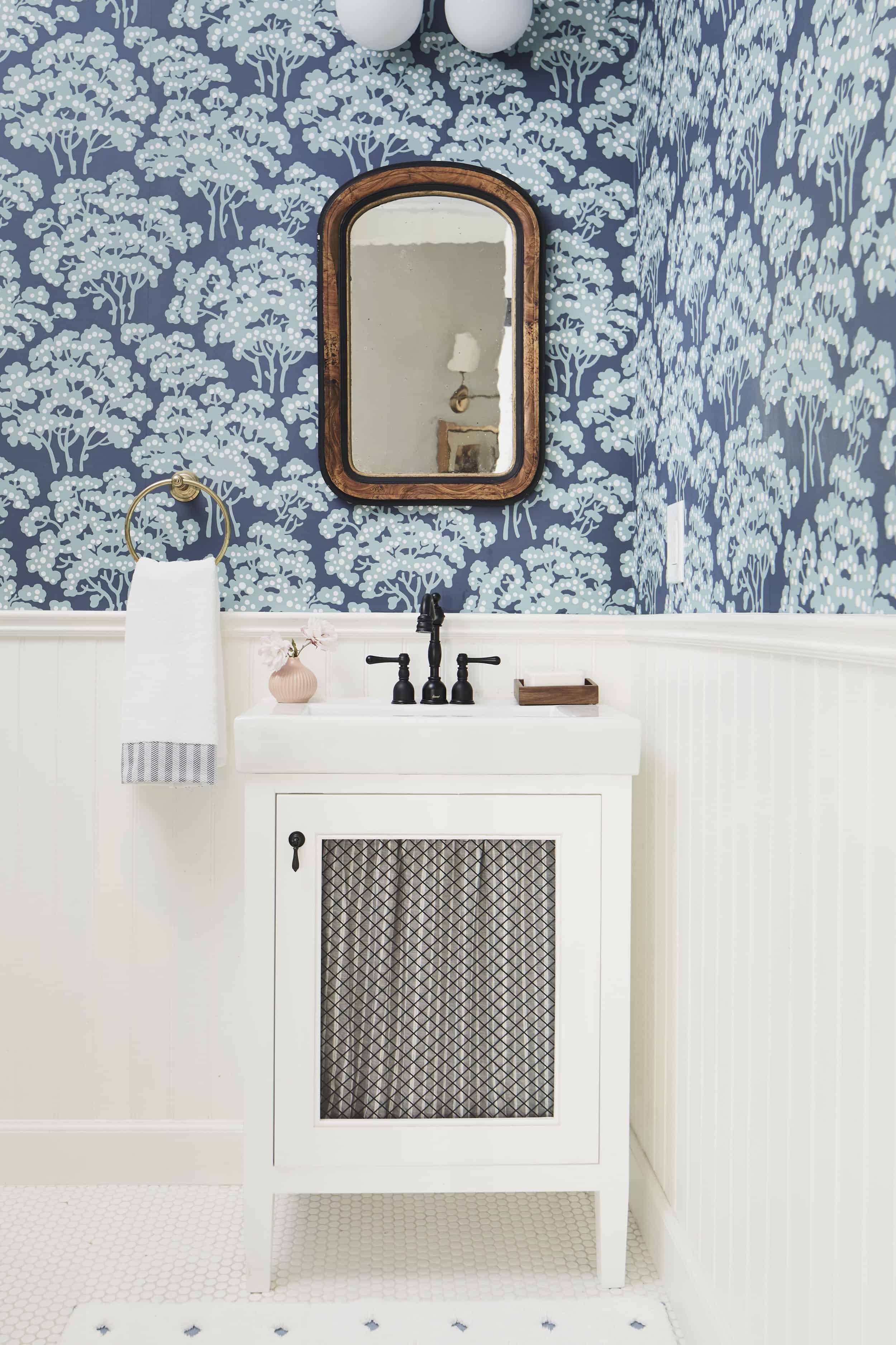 Farrow And Ball Wallpaper Blue Powder Room Traditional Vanity