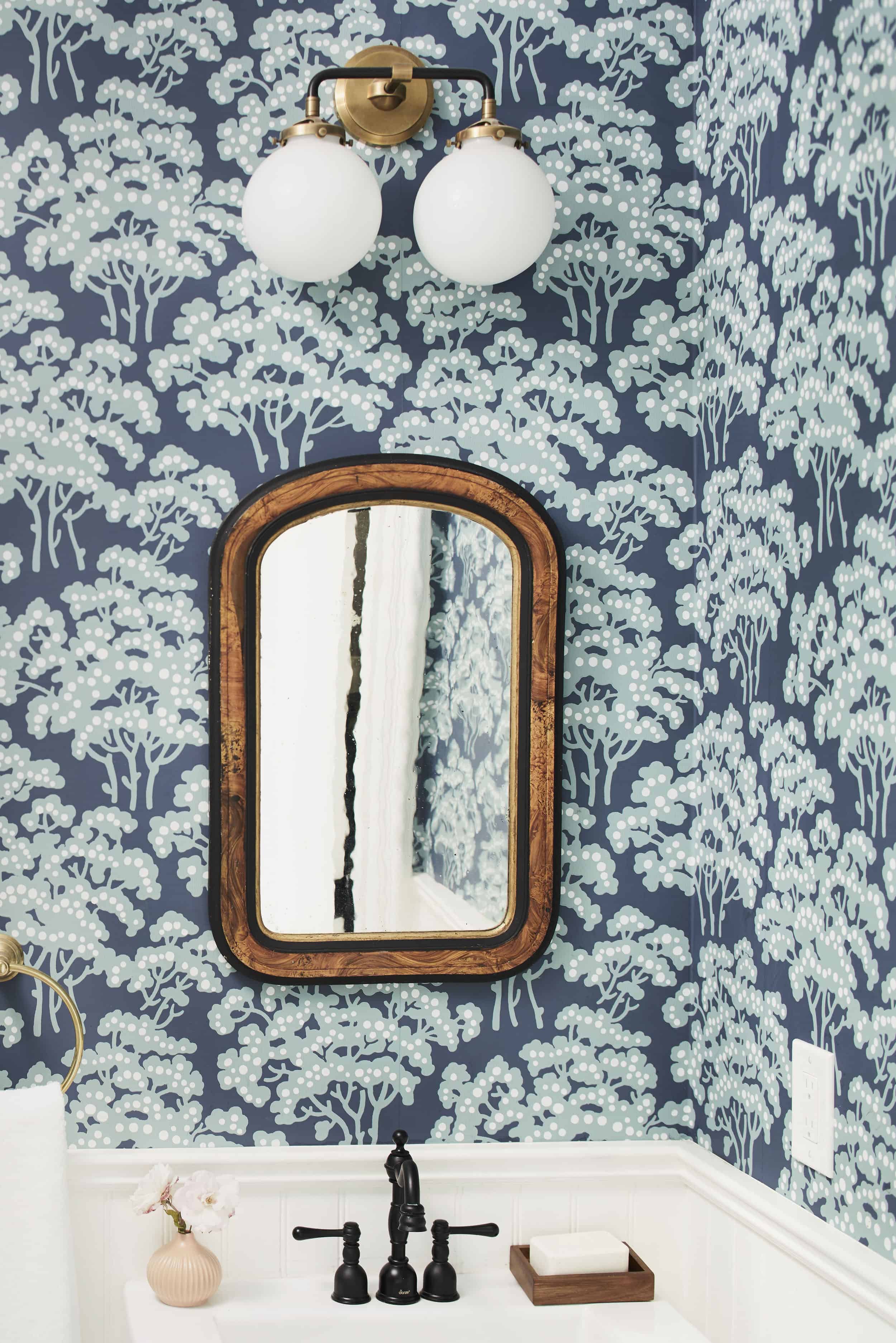 Hand Screened Wallpaper Vintage Mirror Black Faucet Emily Henderson